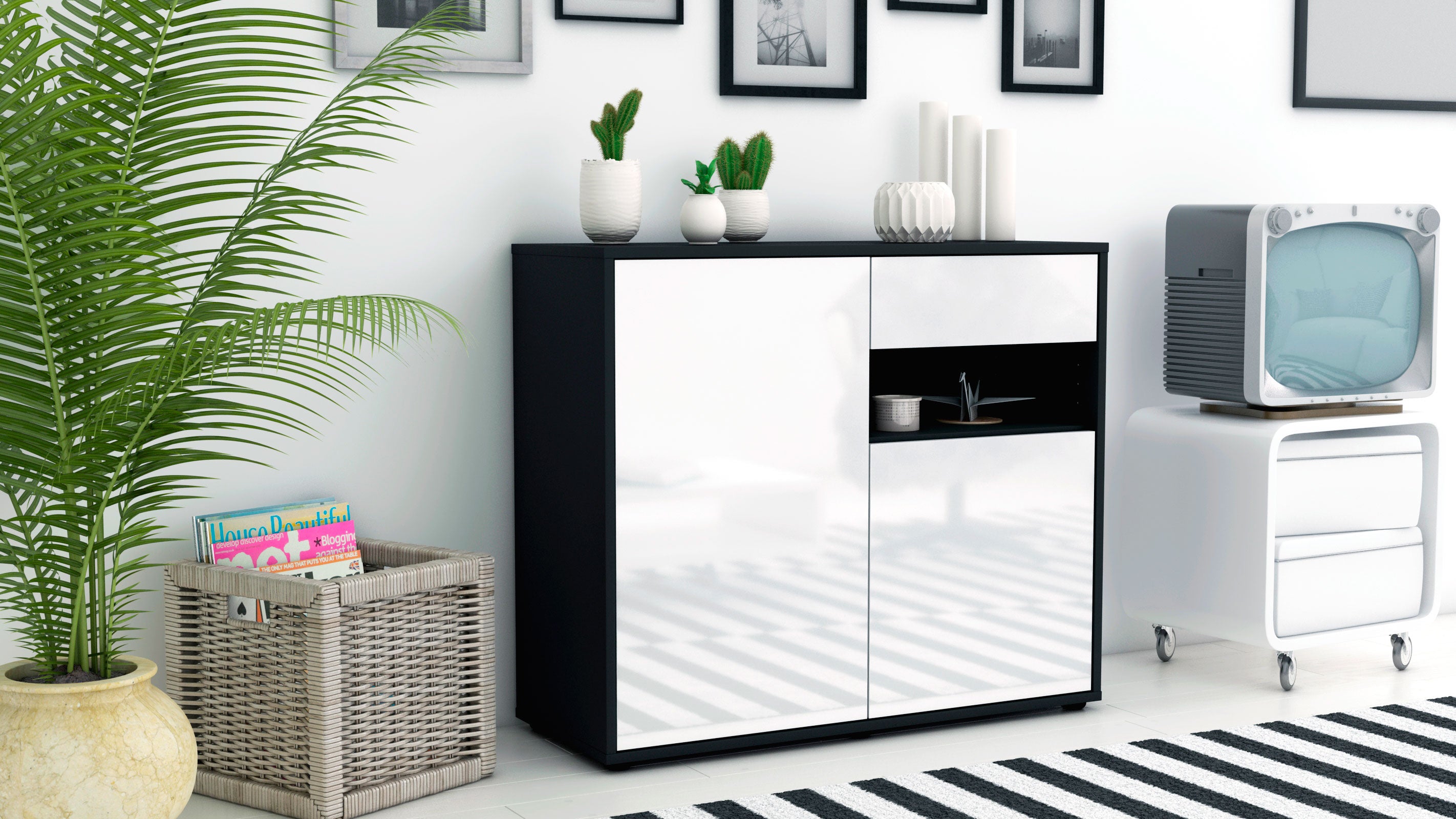 Sideboard - Charlotta - Design Hochglanz - Freistehend mit Push to open  92 cm Anthrazit
