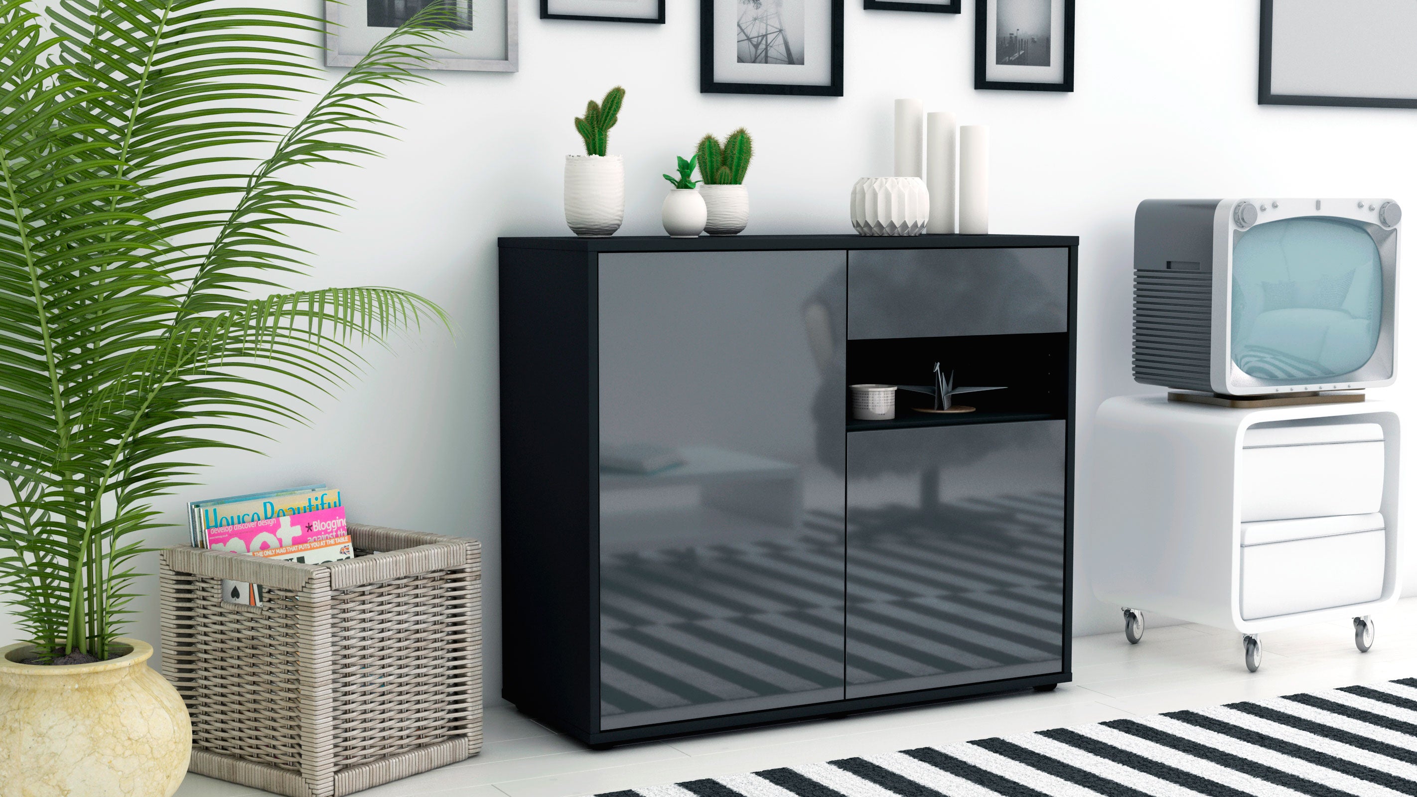 Sideboard - Charlotta - Design Hochglanz - Freistehend mit Push to open  92 cm Anthrazit