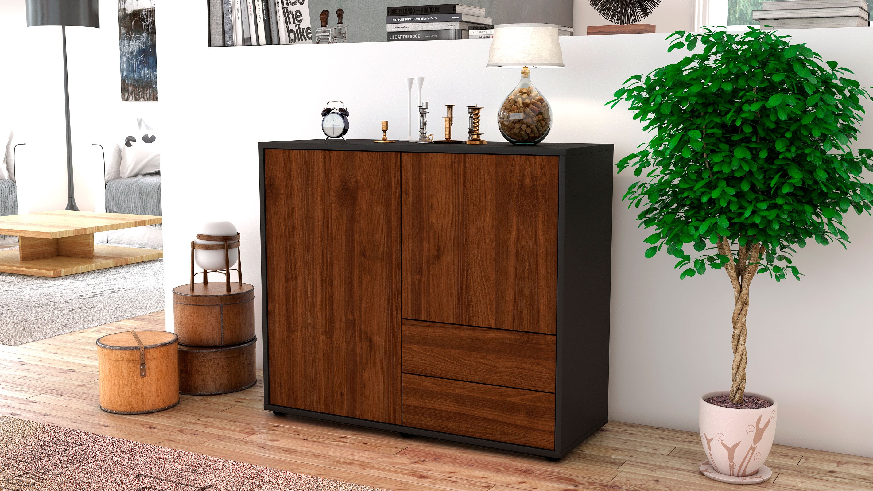 Sideboard - Chiara - Design Holzdekor - Freistehend mit Push to open  92 cm Anthrazit