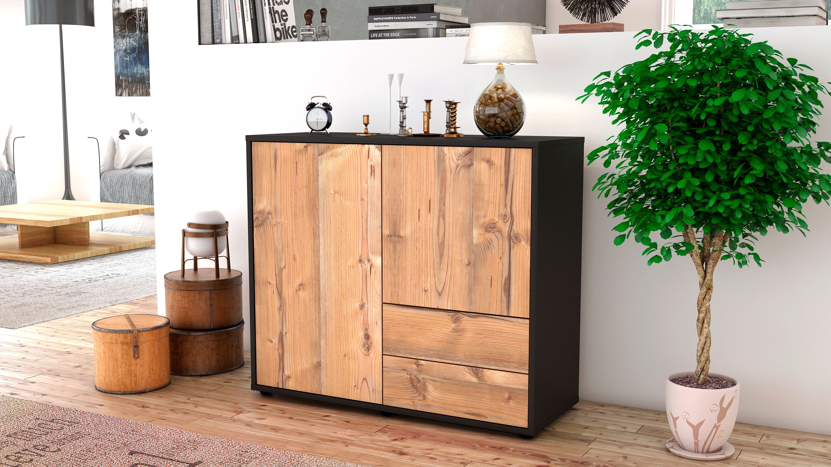 Sideboard - Chiara - Design Holzdekor - Freistehend mit Push to open  92 cm Anthrazit