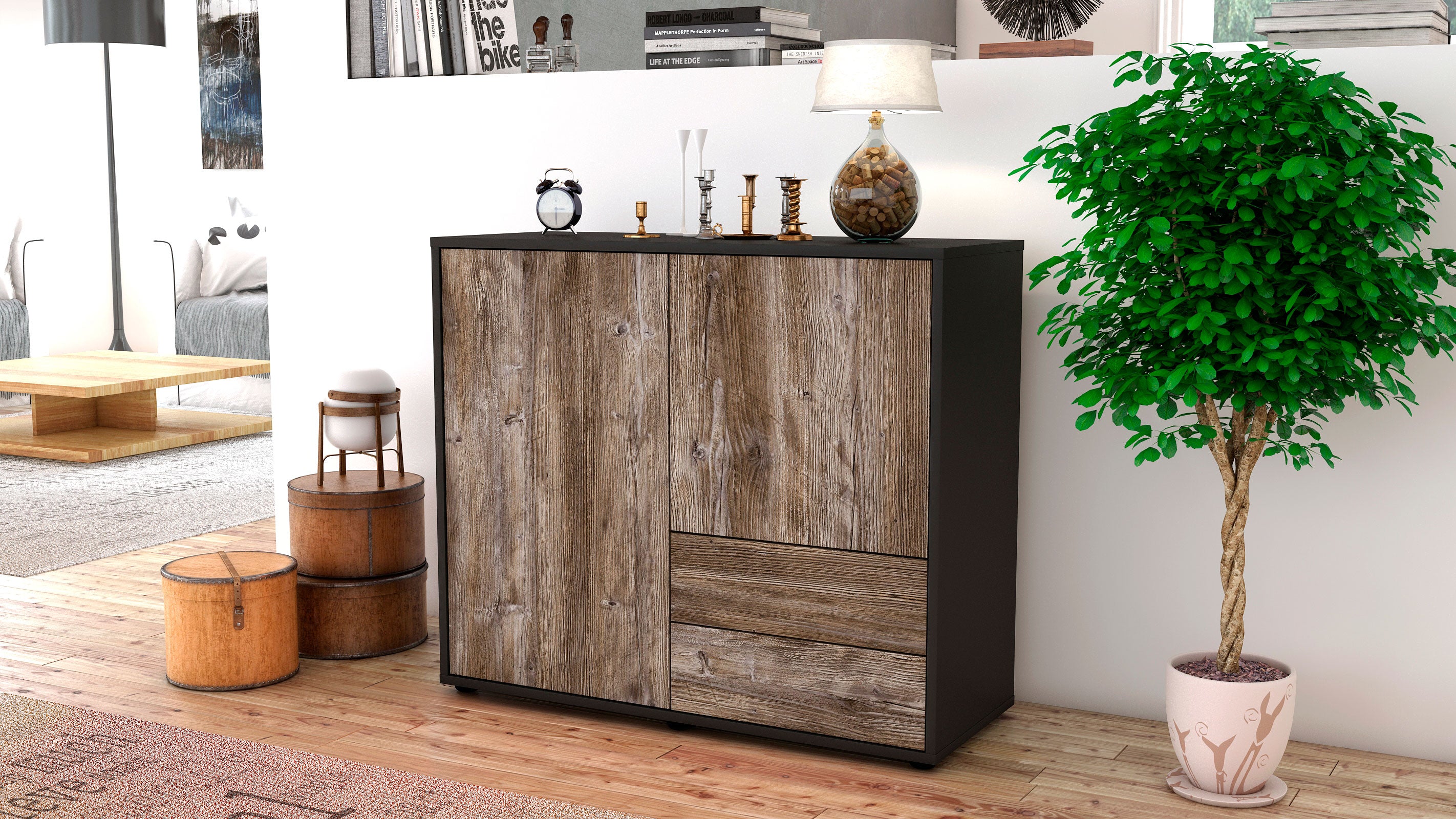Sideboard - Chiara - Design Holzdekor - Freistehend mit Push to open  92 cm Anthrazit