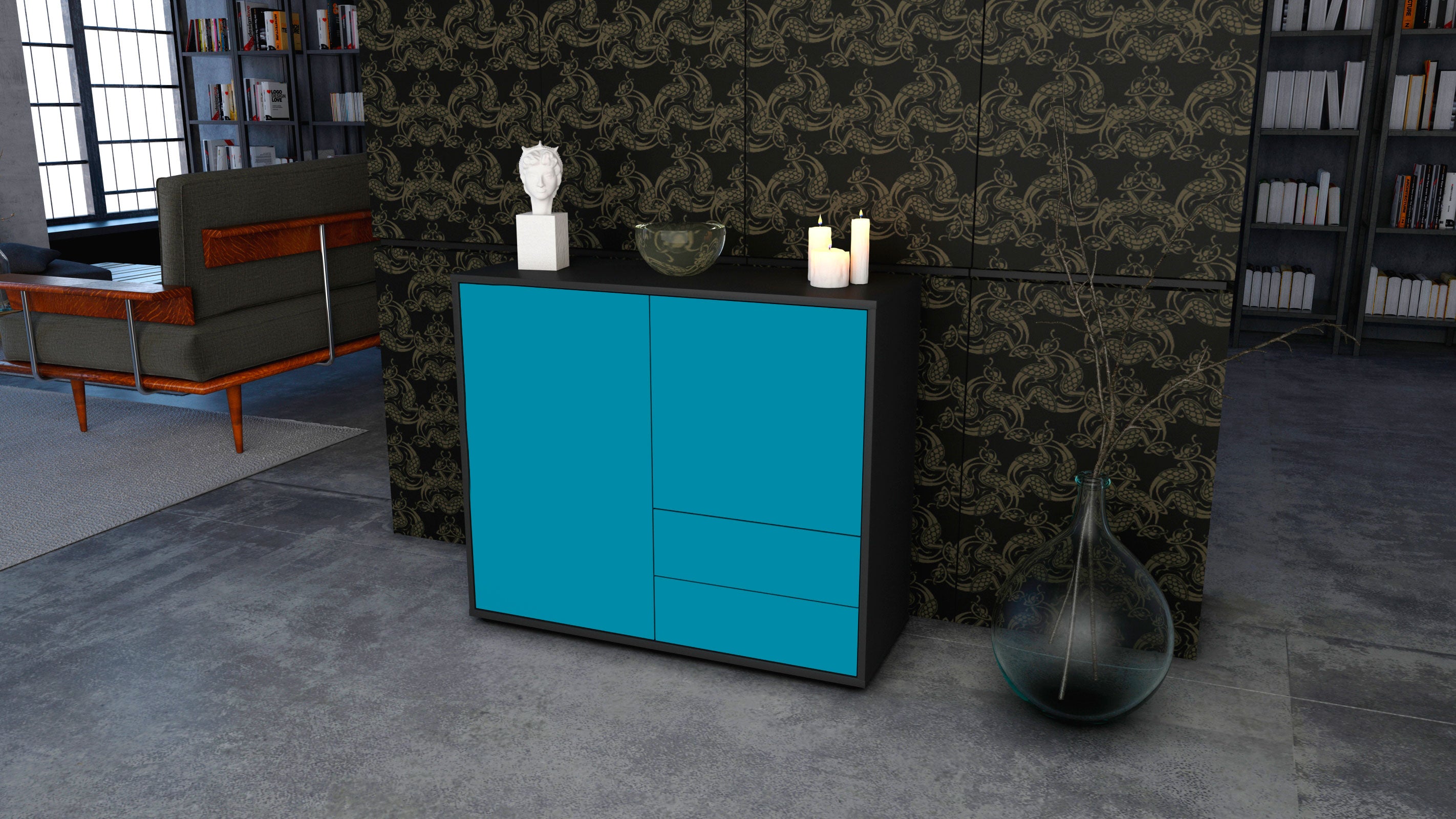 Sideboard - Chiara - Design Farbakzent - Freistehend mit Push to open  92 cm Anthrazit