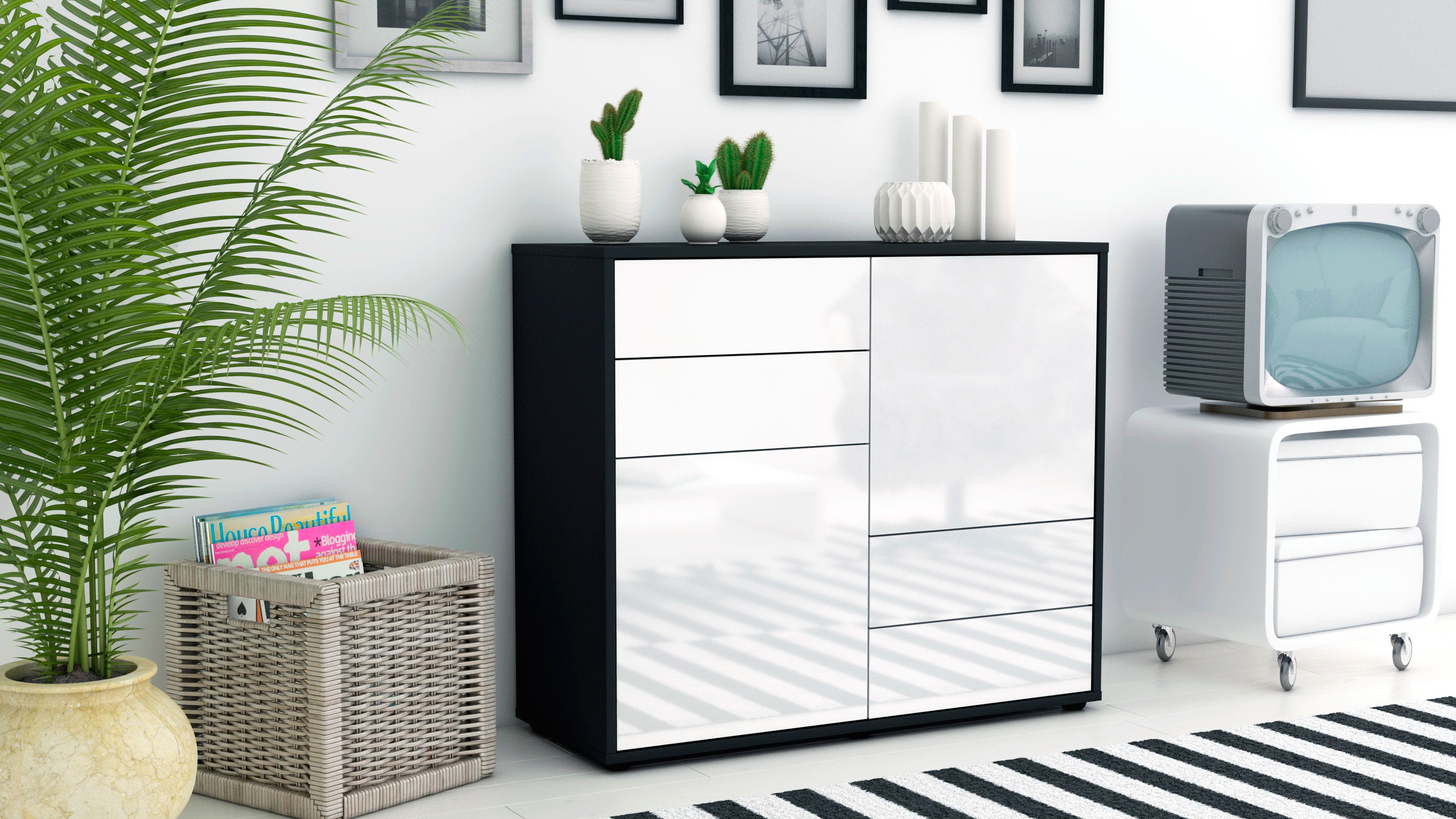 Sideboard - Ciara - Design Hochglanz - Freistehend mit Push to open  92 cm Anthrazit