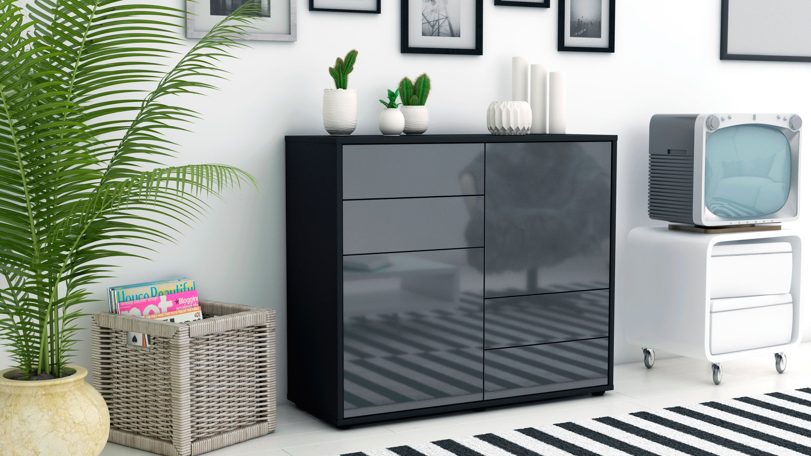 Sideboard - Ciara - Design Hochglanz - Freistehend mit Push to open  92 cm Anthrazit