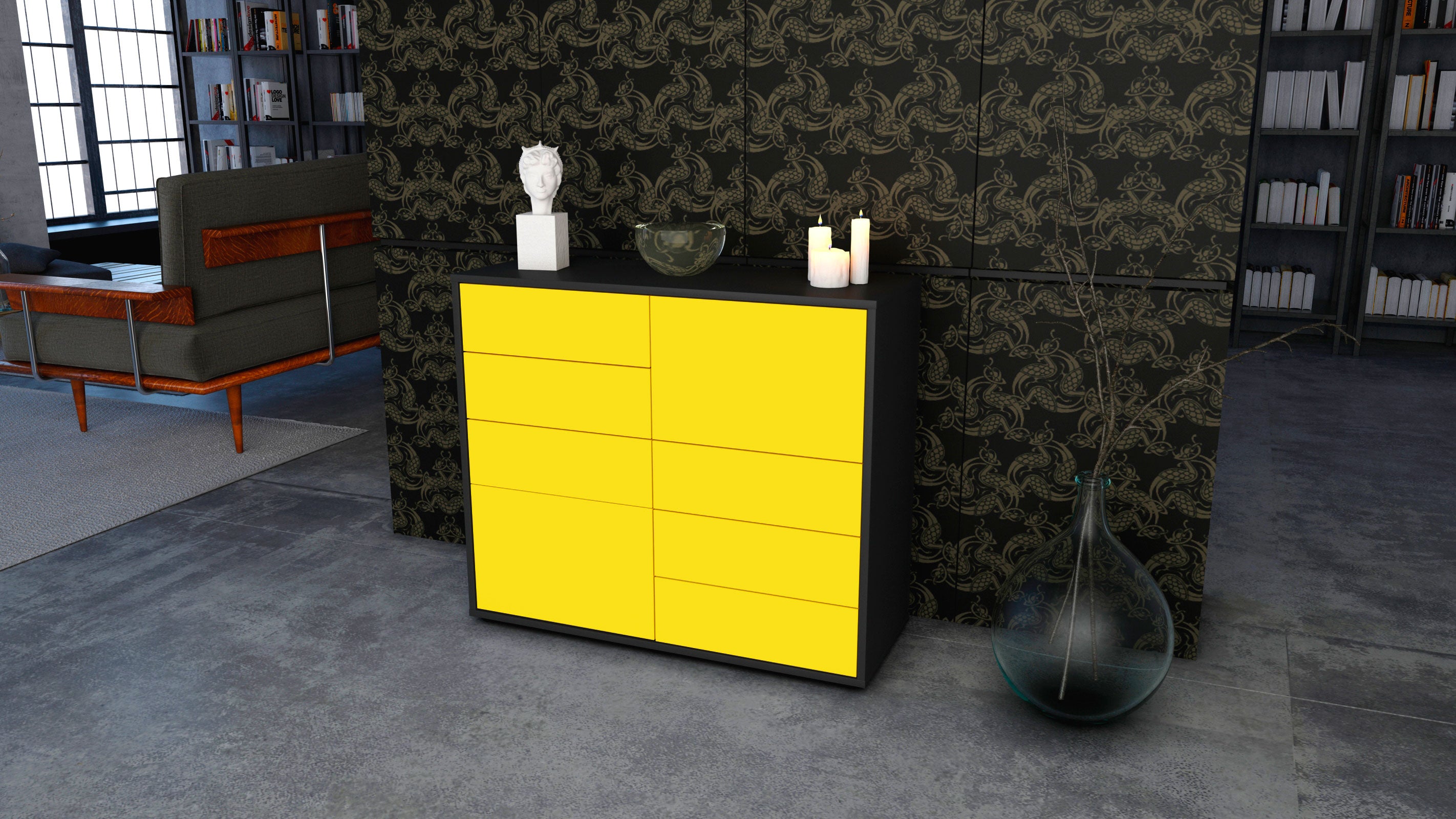 Sideboard - Circe - Design Farbakzent - Freistehend mit Push to open  92 cm Anthrazit