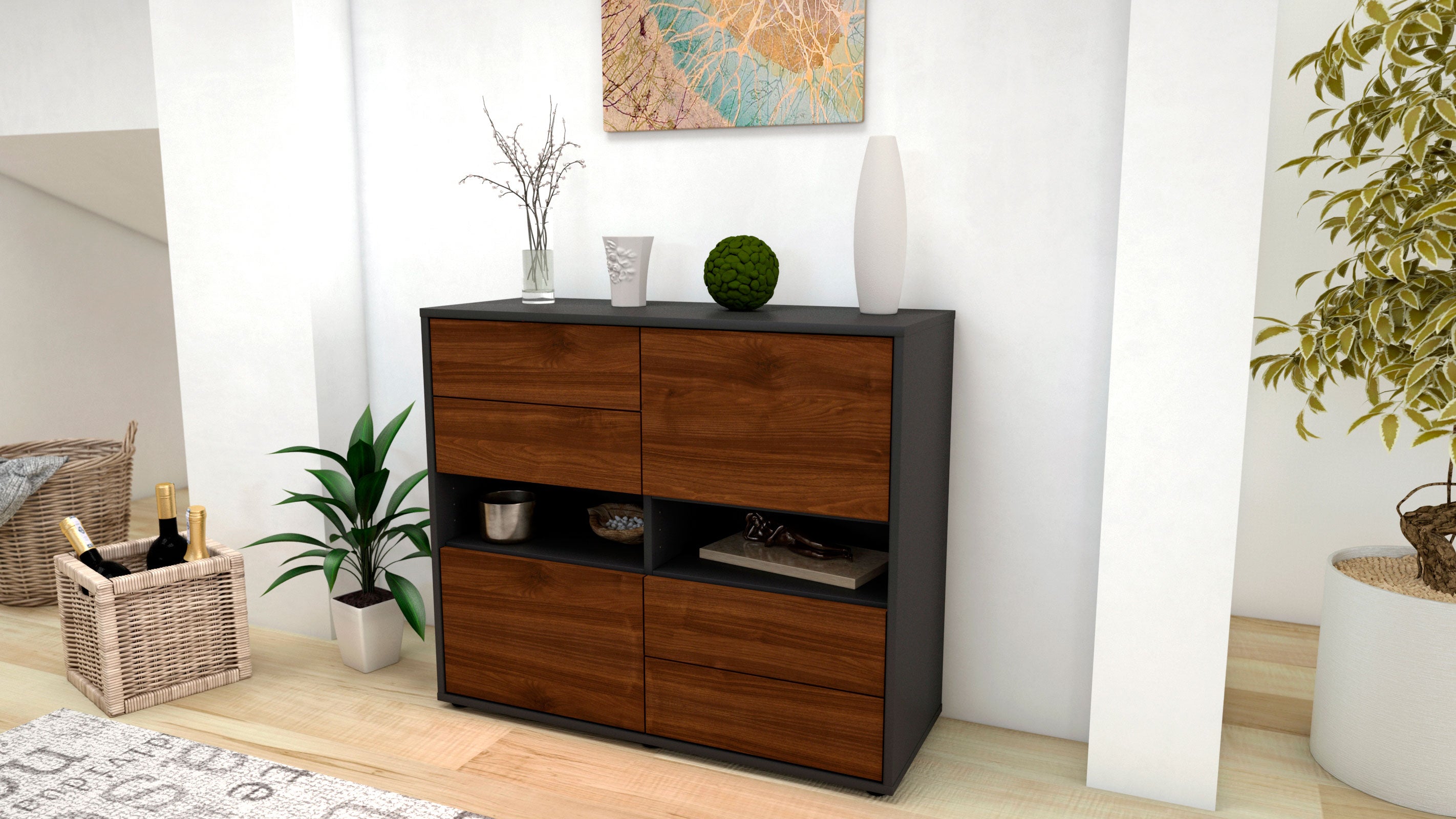 Sideboard - Claudia - Design Holzdekor - Freistehend mit Push to open  92 cm Anthrazit