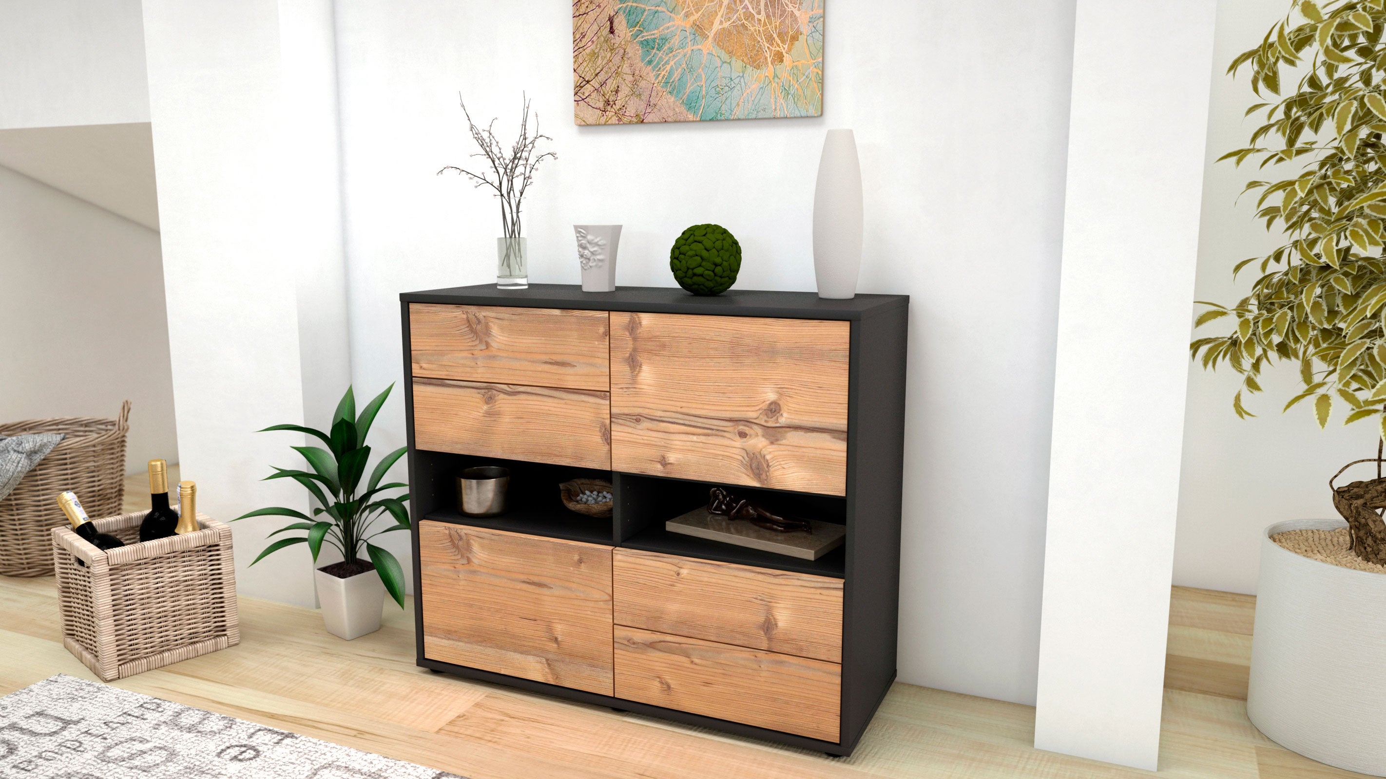 Sideboard - Claudia - Design Holzdekor - Freistehend mit Push to open  92 cm Anthrazit