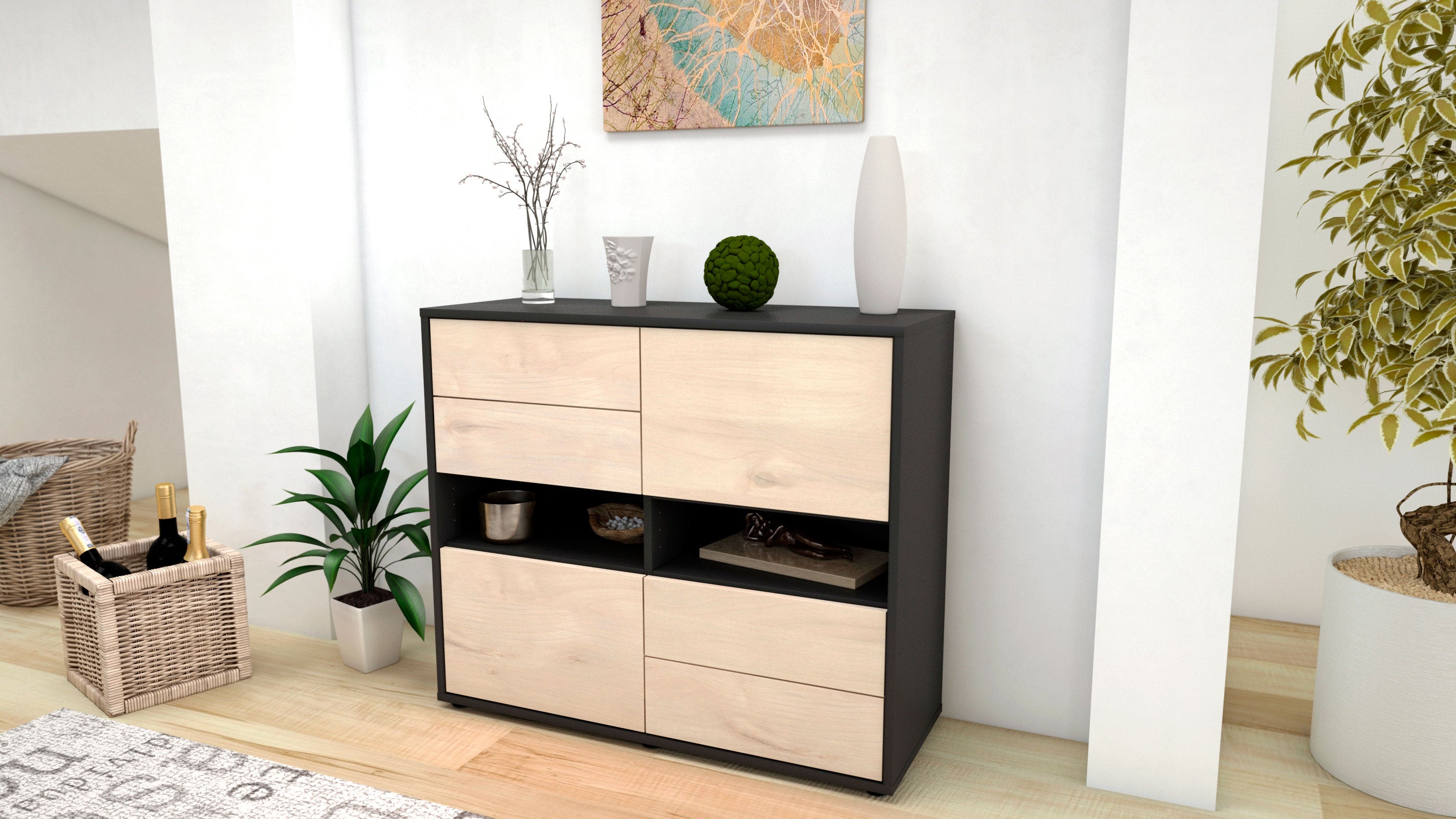 Sideboard - Claudia - Design Holzdekor - Freistehend mit Push to open  92 cm Anthrazit