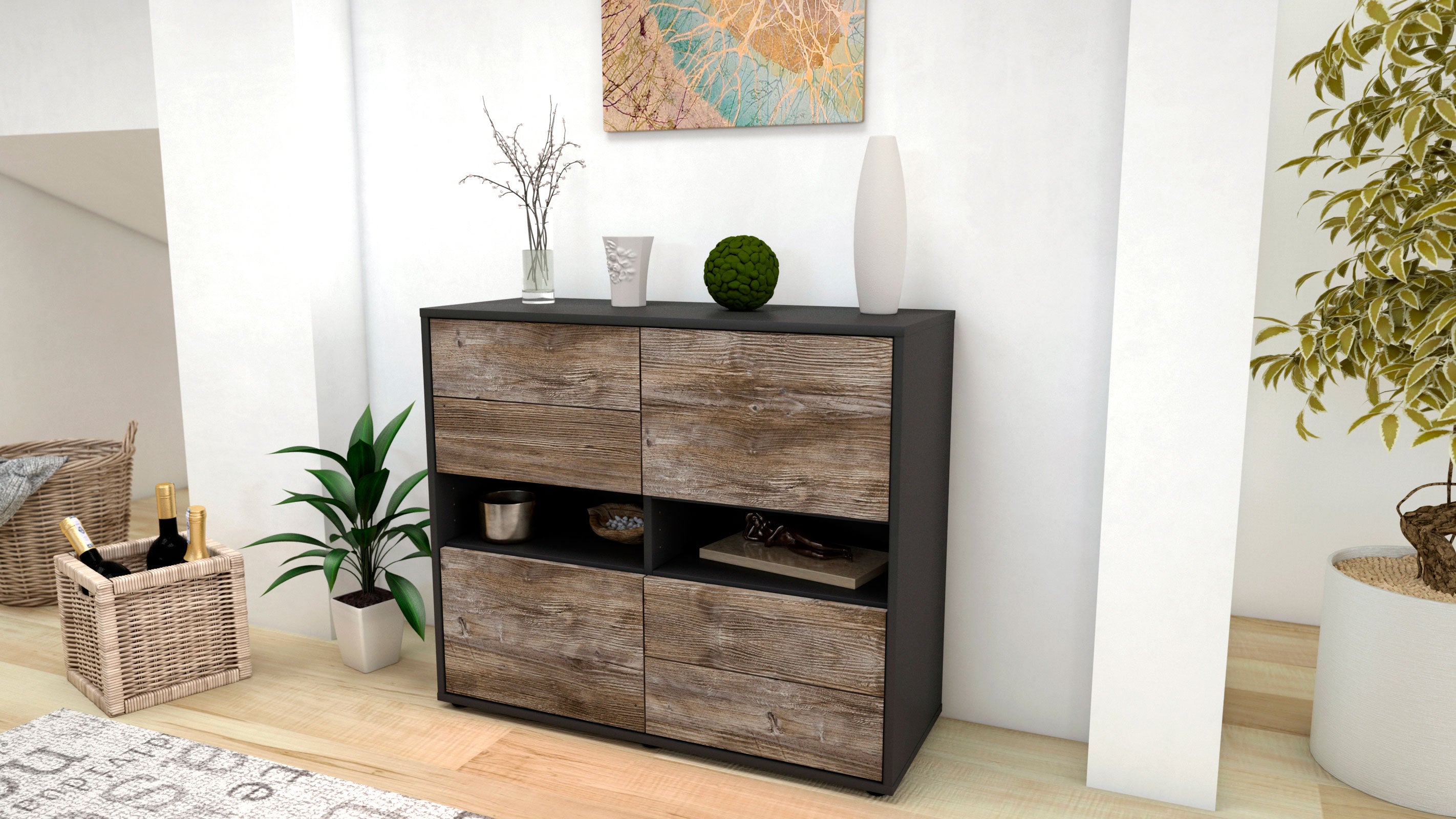 Sideboard - Claudia - Design Holzdekor - Freistehend mit Push to open  92 cm Anthrazit