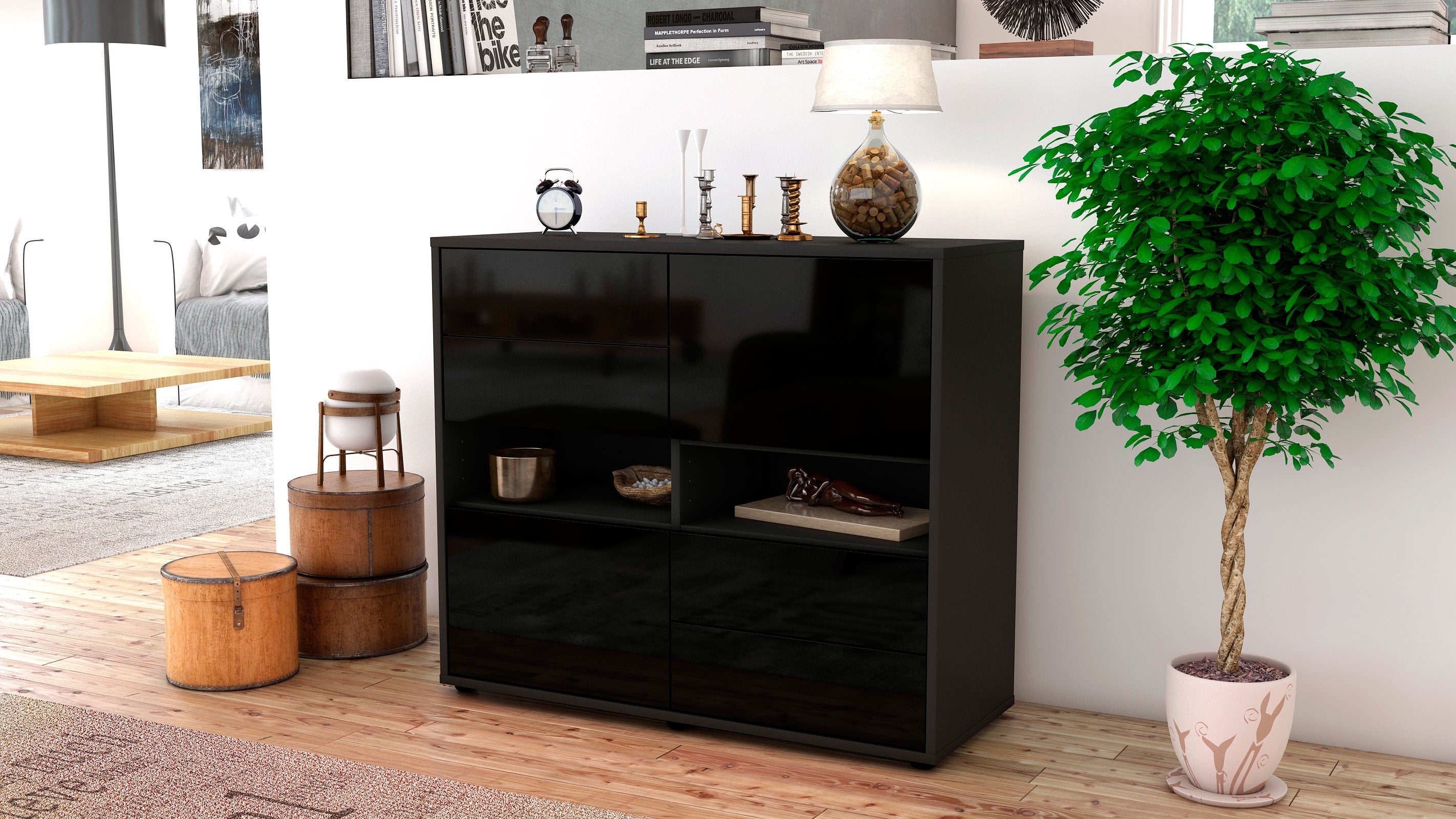 Sideboard - Claudia - Design Hochglanz - Freistehend mit Push to open  92 cm Anthrazit