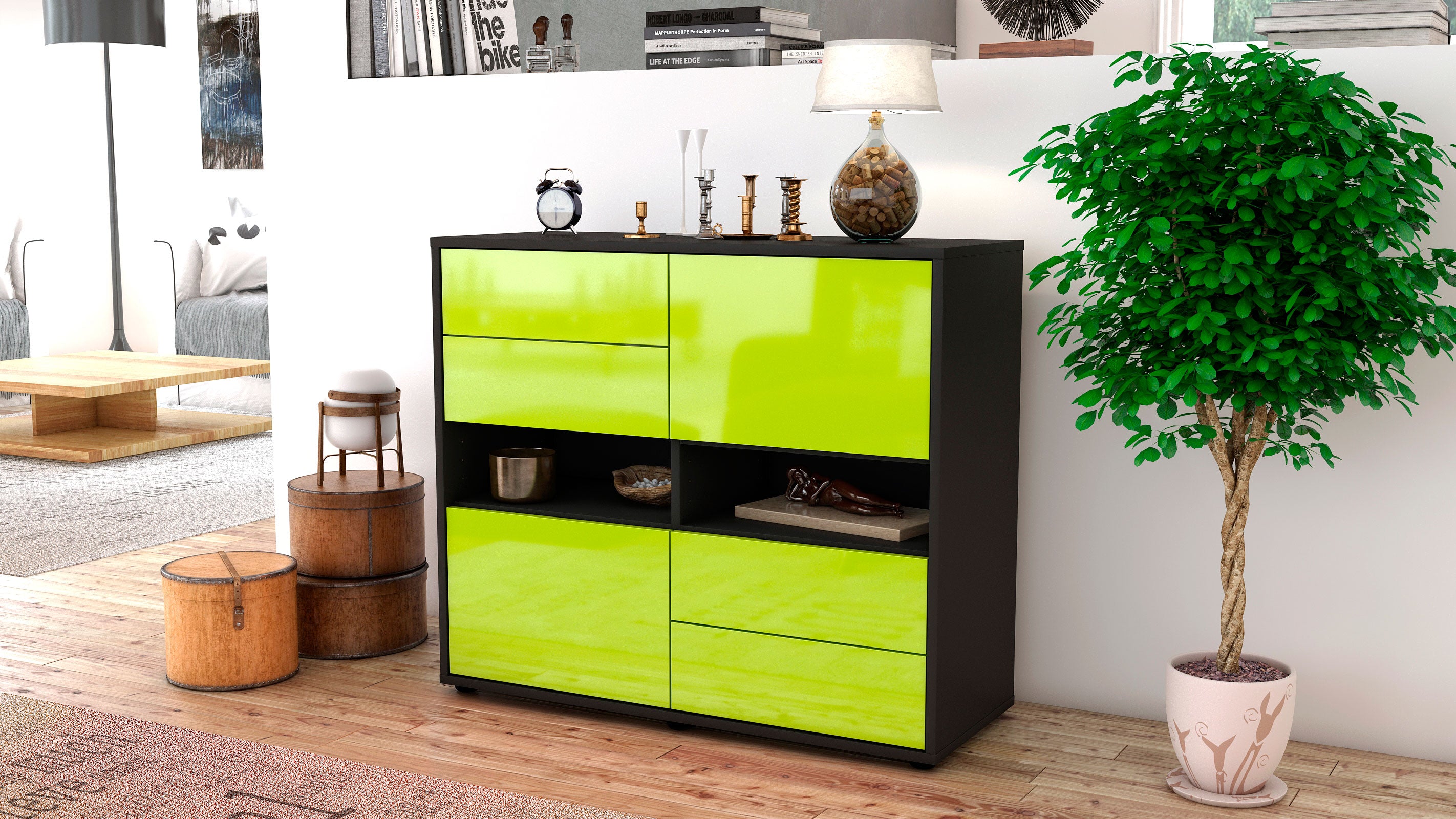 Sideboard - Claudia - Design Hochglanz - Freistehend mit Push to open  92 cm Anthrazit