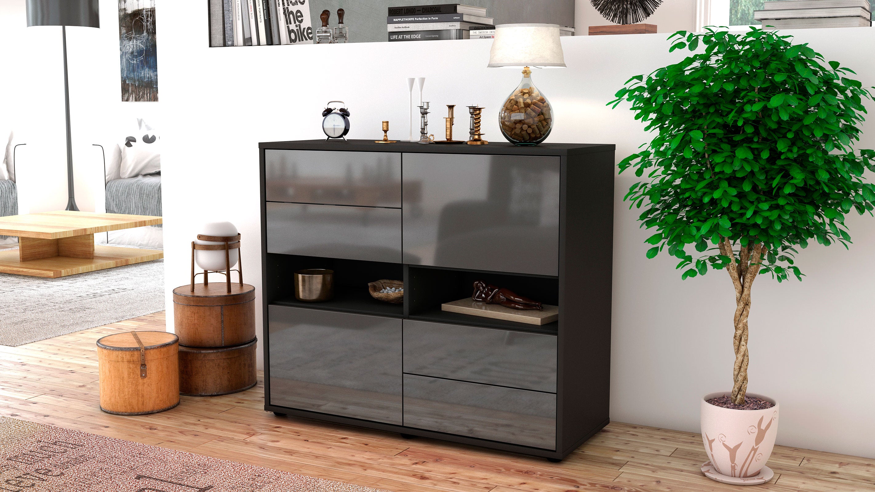 Sideboard - Claudia - Design Hochglanz - Freistehend mit Push to open  92 cm Anthrazit