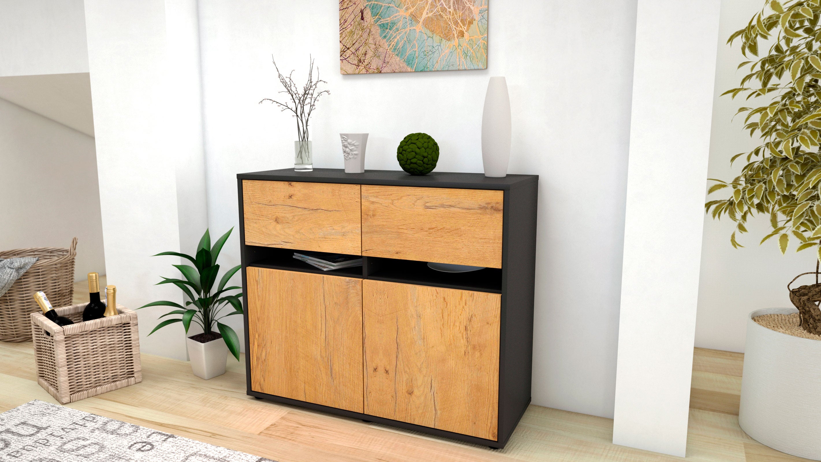 Sideboard - Clea - Design Holzdekor - Freistehend mit Push to open  92 cm Anthrazit