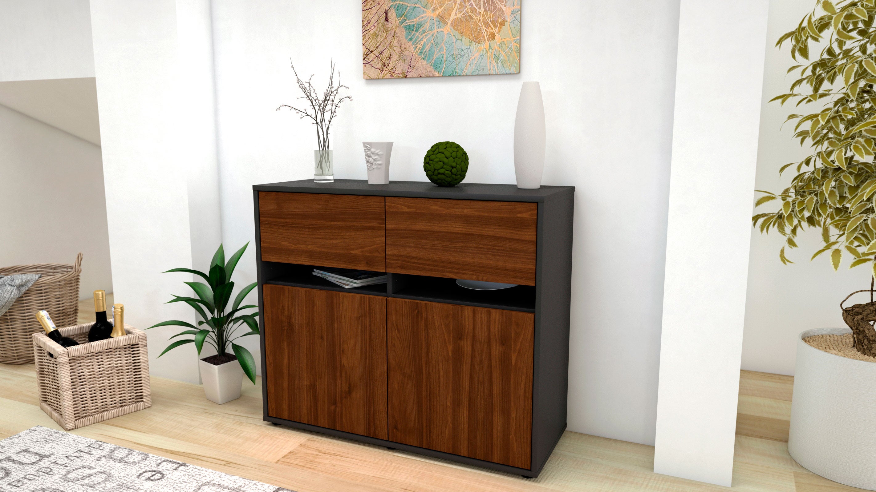 Sideboard - Clea - Design Holzdekor - Freistehend mit Push to open  92 cm Anthrazit