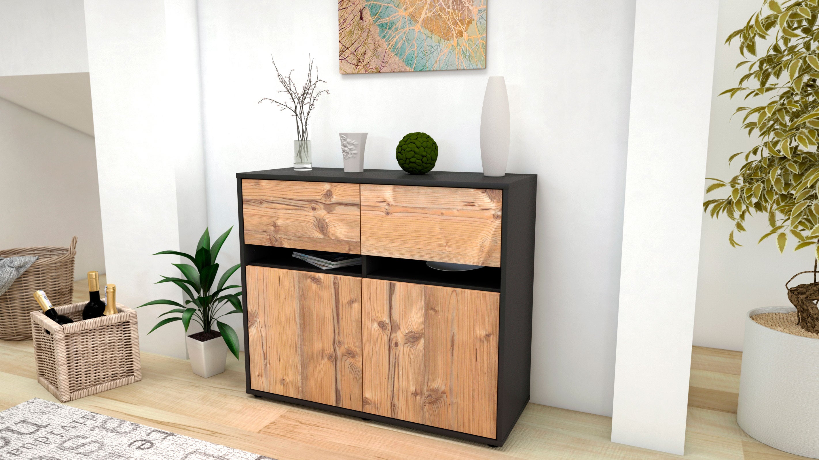 Sideboard - Clea - Design Holzdekor - Freistehend mit Push to open  92 cm Anthrazit