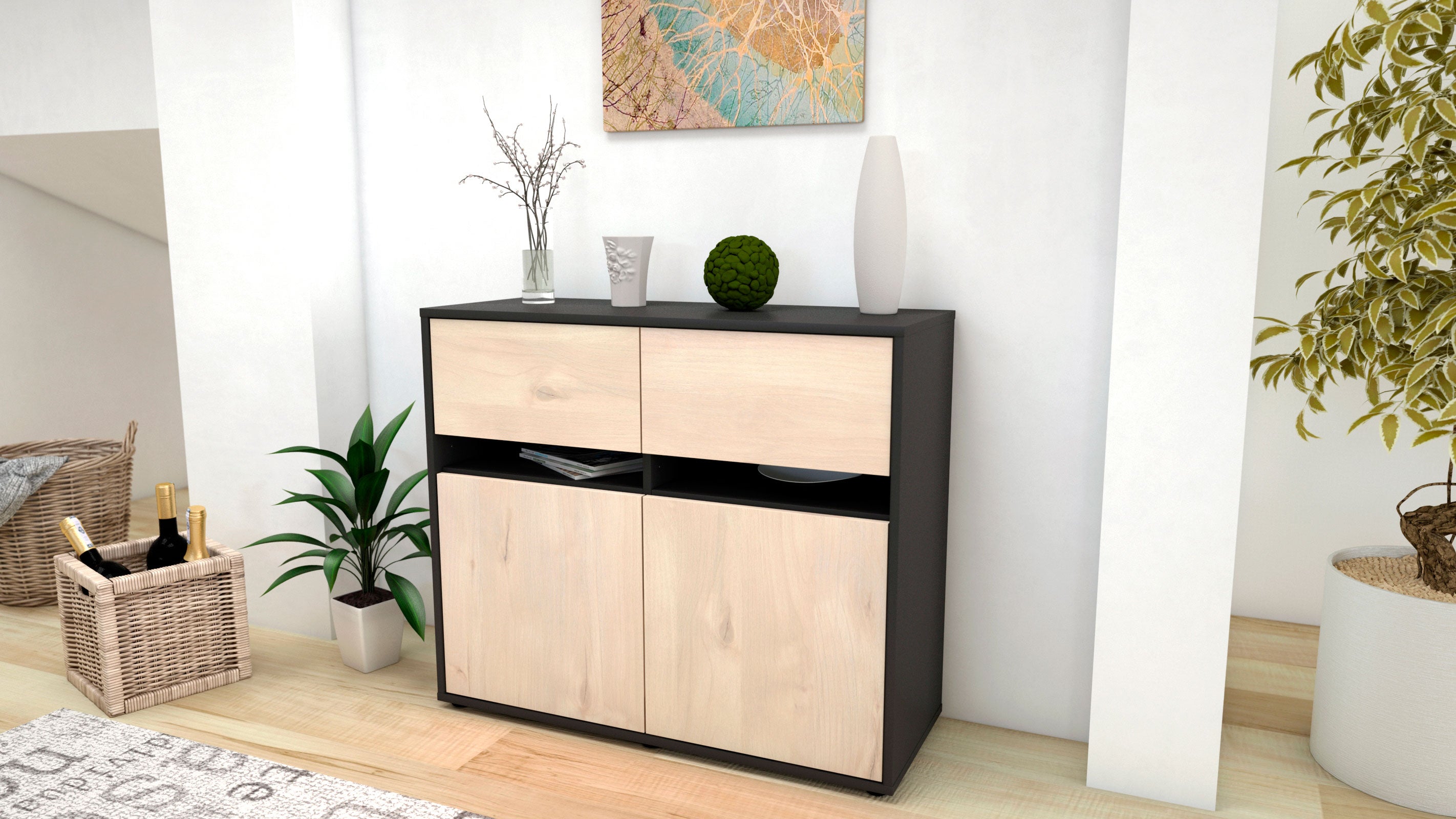 Sideboard - Clea - Design Holzdekor - Freistehend mit Push to open  92 cm Anthrazit