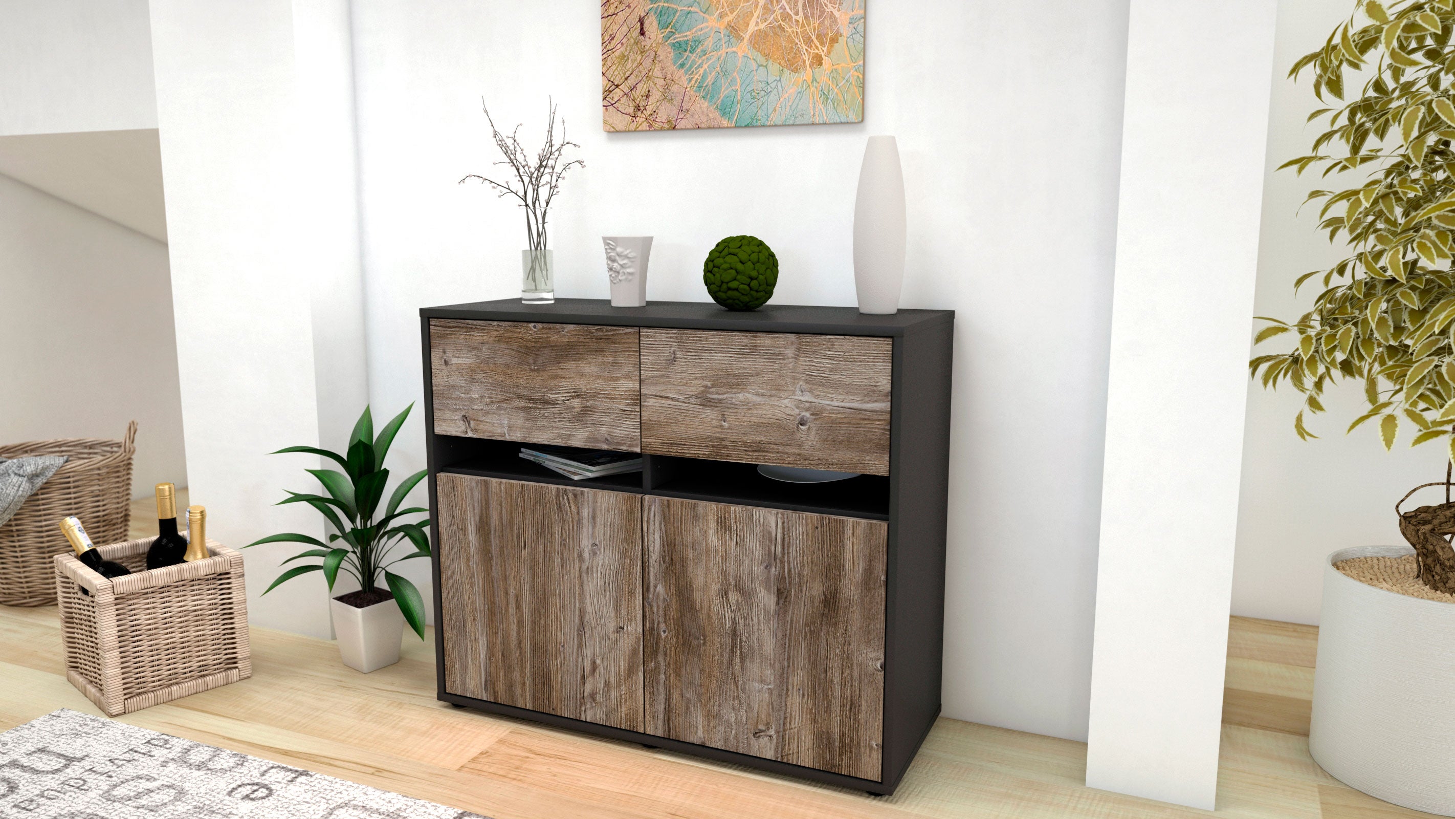 Sideboard - Clea - Design Holzdekor - Freistehend mit Push to open  92 cm Anthrazit