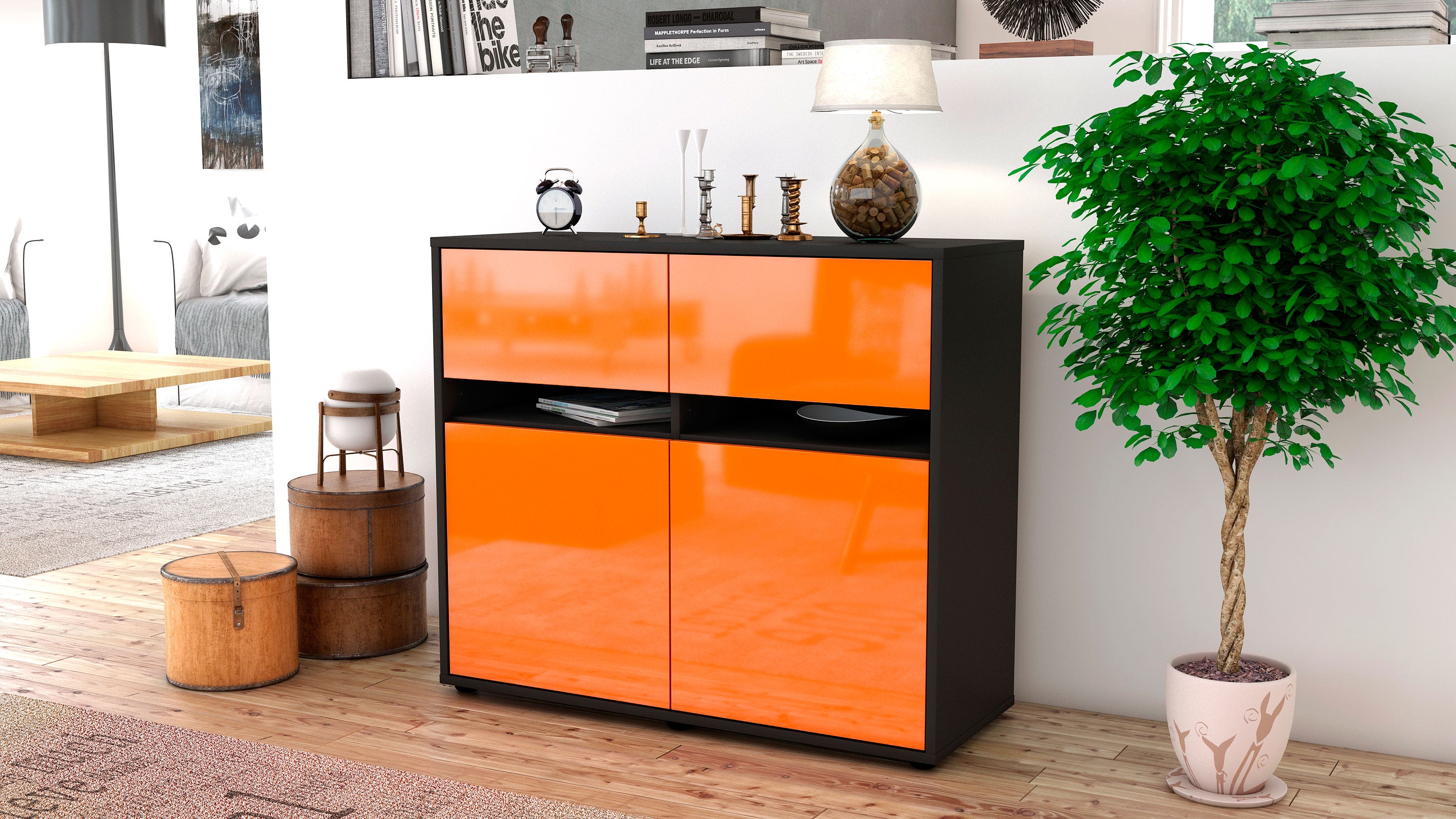 Sideboard - Clea - Design Hochglanz - Freistehend mit Push to open  92 cm Anthrazit