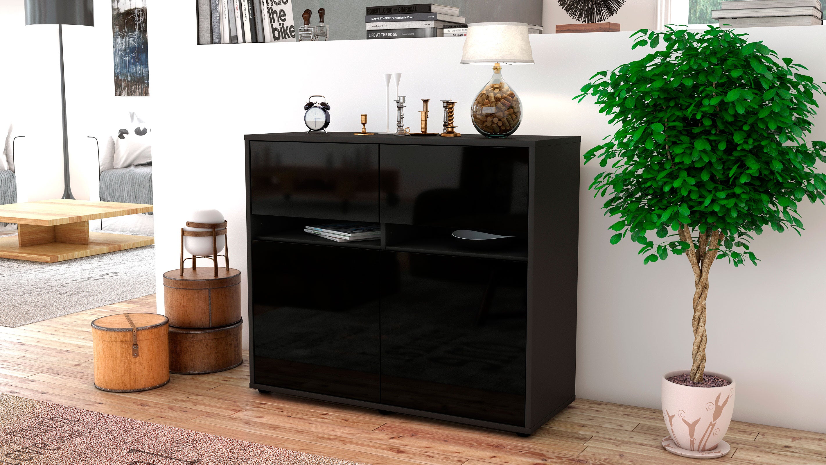 Sideboard - Clea - Design Hochglanz - Freistehend mit Push to open  92 cm Anthrazit