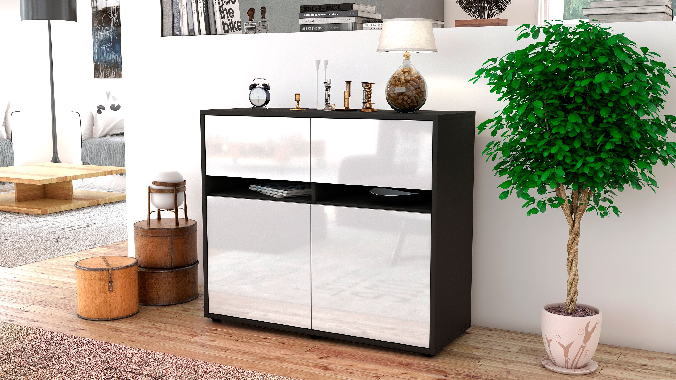 Sideboard - Clea - Design Hochglanz - Freistehend mit Push to open  92 cm Anthrazit