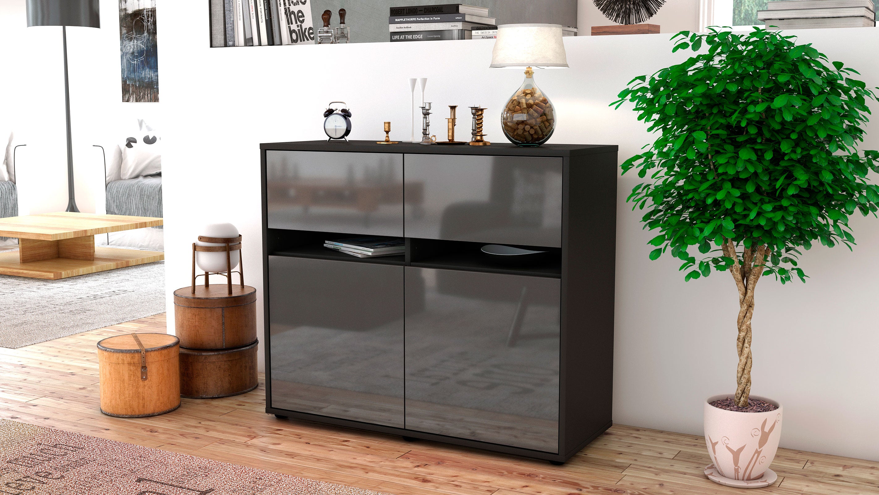 Sideboard - Clea - Design Hochglanz - Freistehend mit Push to open  92 cm Anthrazit