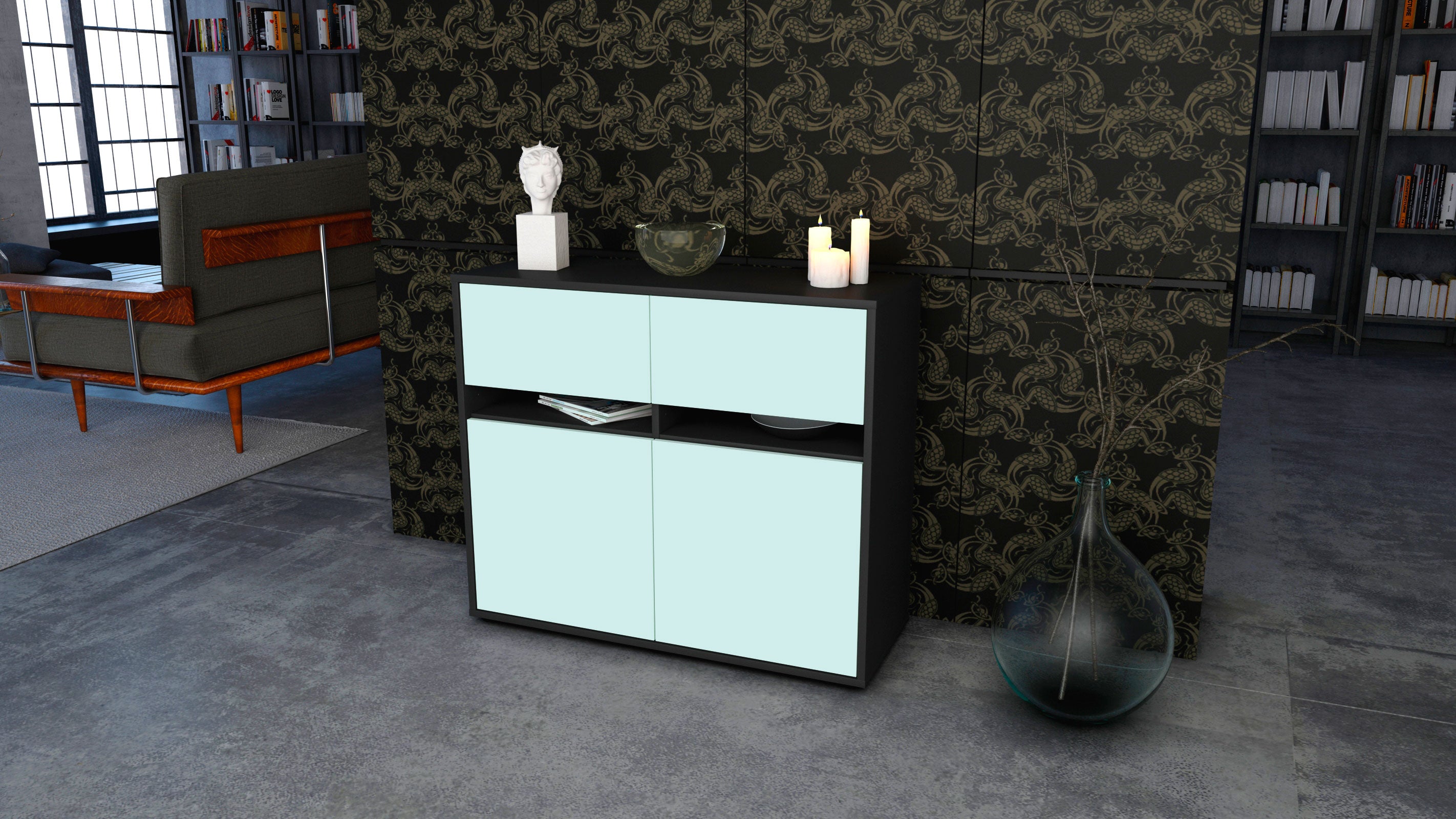 Sideboard - Clea - Design Farbakzent - Freistehend mit Push to open  92 cm Anthrazit