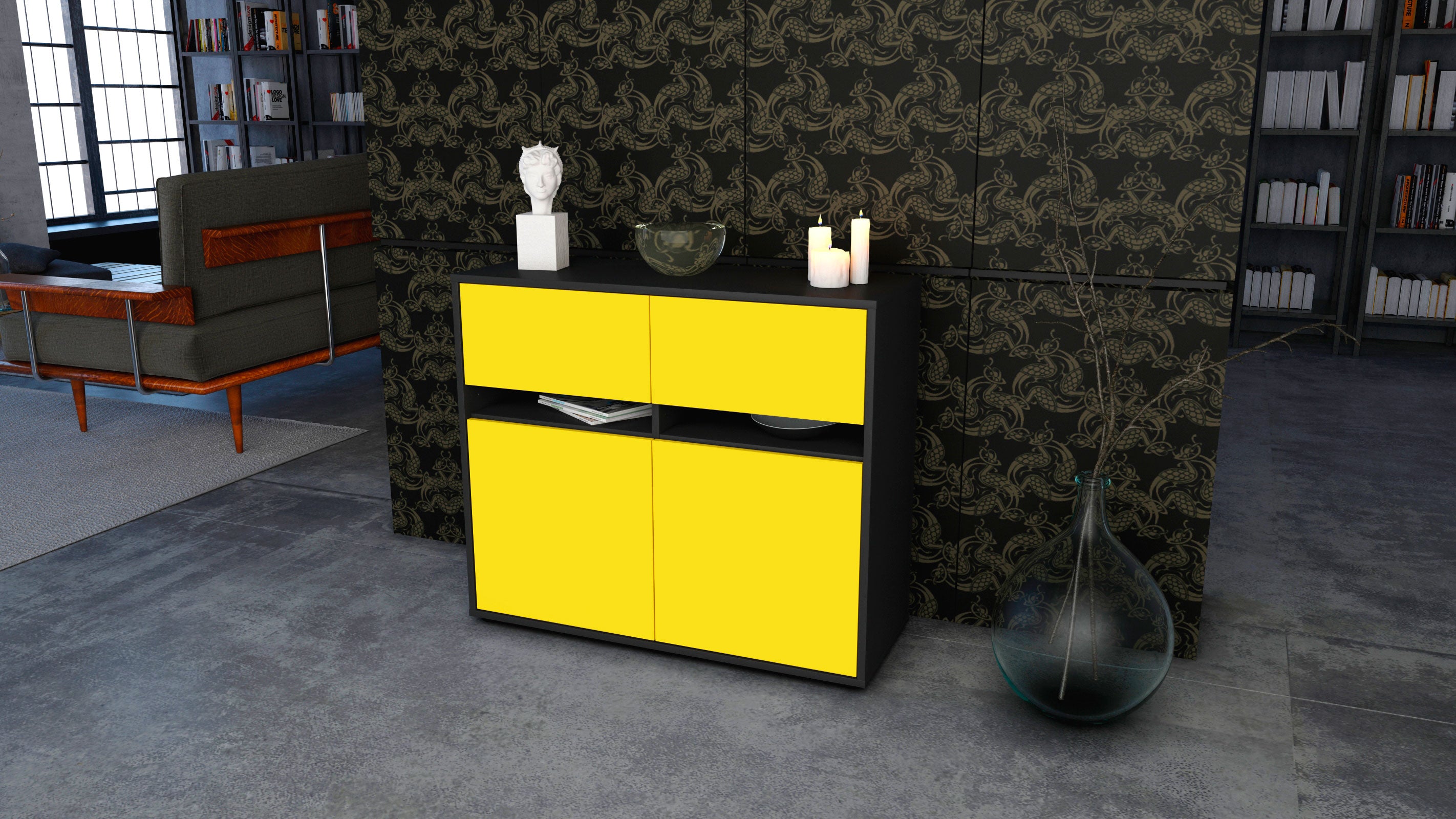 Sideboard - Clea - Design Farbakzent - Freistehend mit Push to open  92 cm Anthrazit