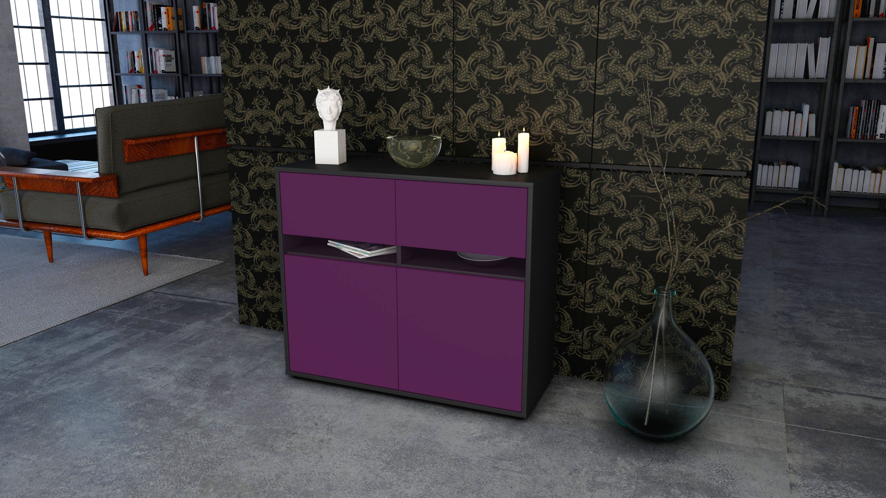Sideboard - Clea - Design Farbakzent - Freistehend mit Push to open  92 cm Anthrazit