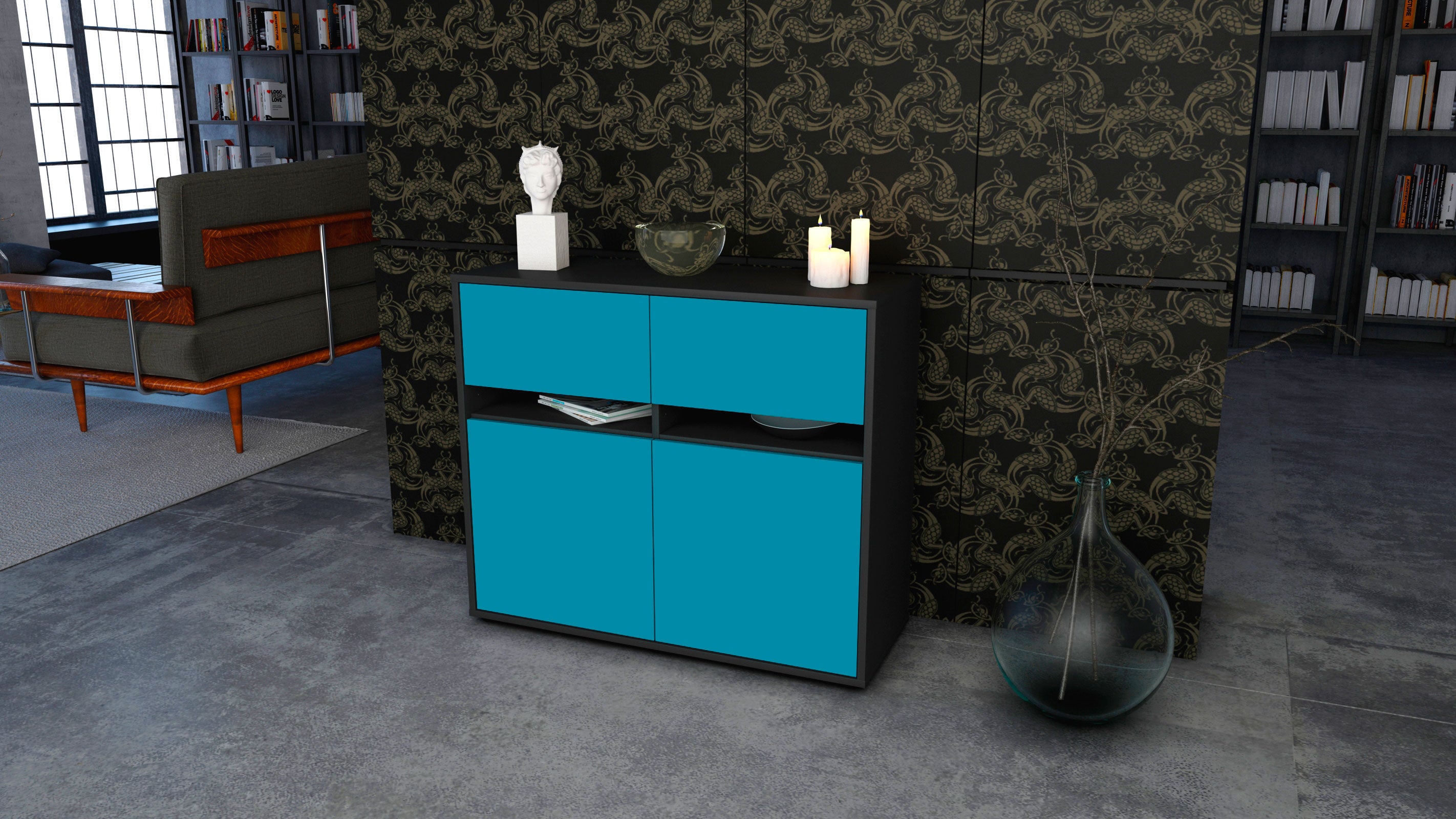 Sideboard - Clea - Design Farbakzent - Freistehend mit Push to open  92 cm Anthrazit