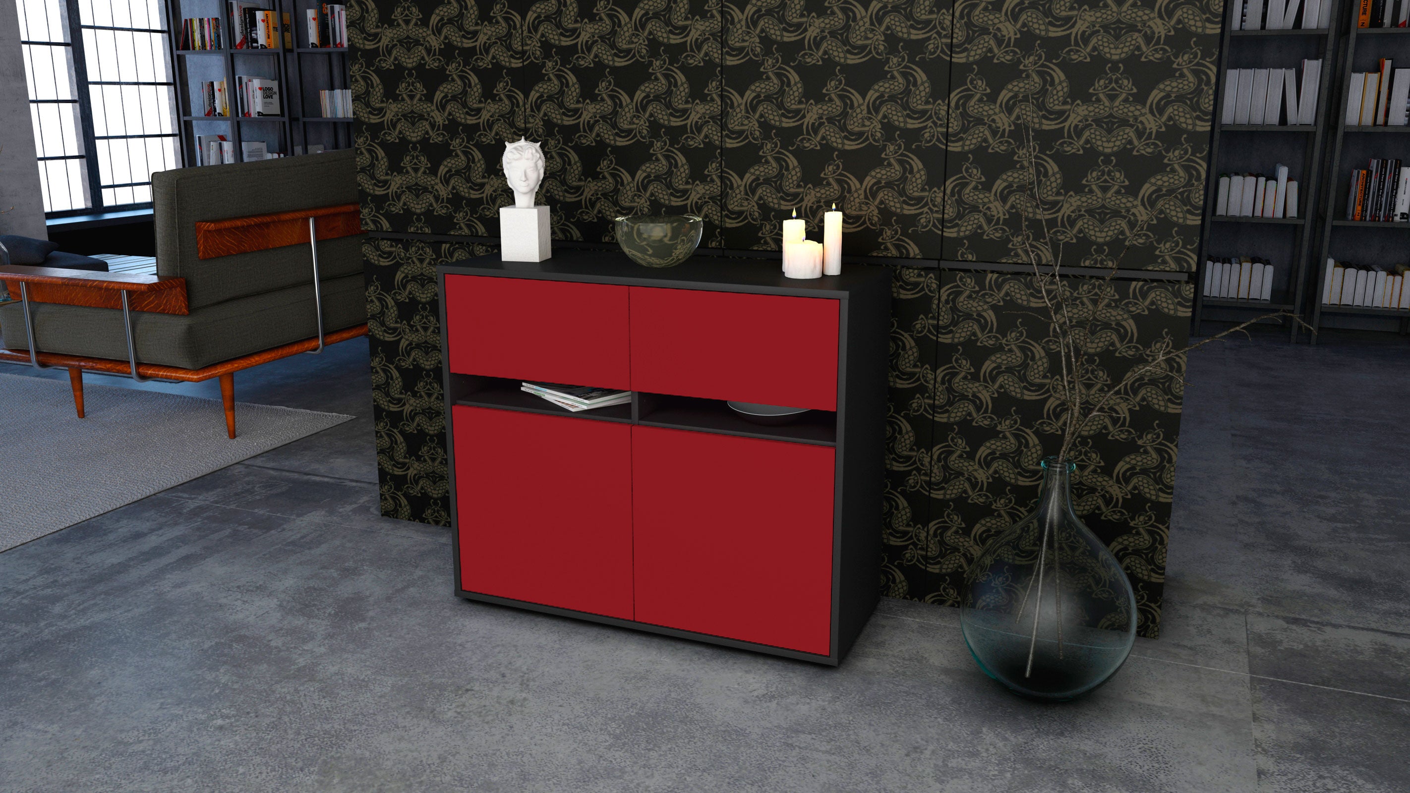 Sideboard - Clea - Design Farbakzent - Freistehend mit Push to open  92 cm Anthrazit