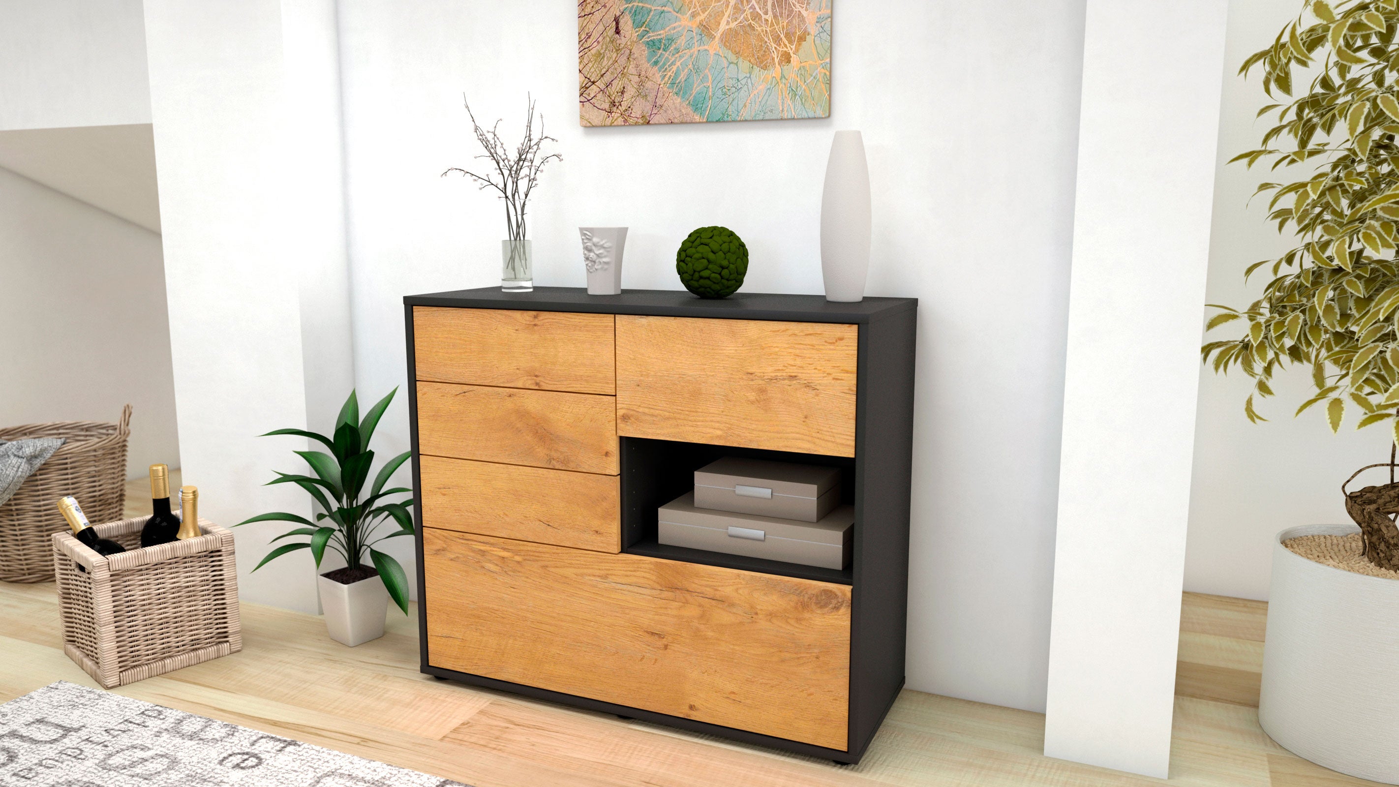 Sideboard - Coco - Design Holzdekor - Freistehend mit Push to open  92 cm Anthrazit