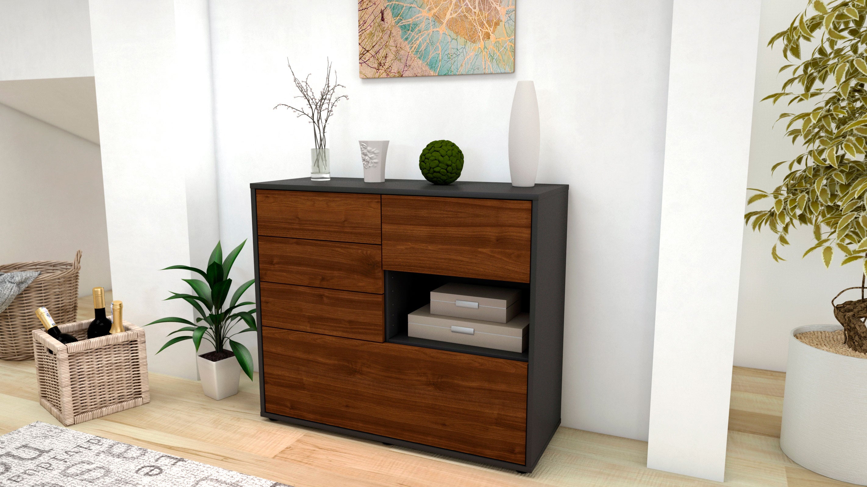 Sideboard - Coco - Design Holzdekor - Freistehend mit Push to open  92 cm Anthrazit