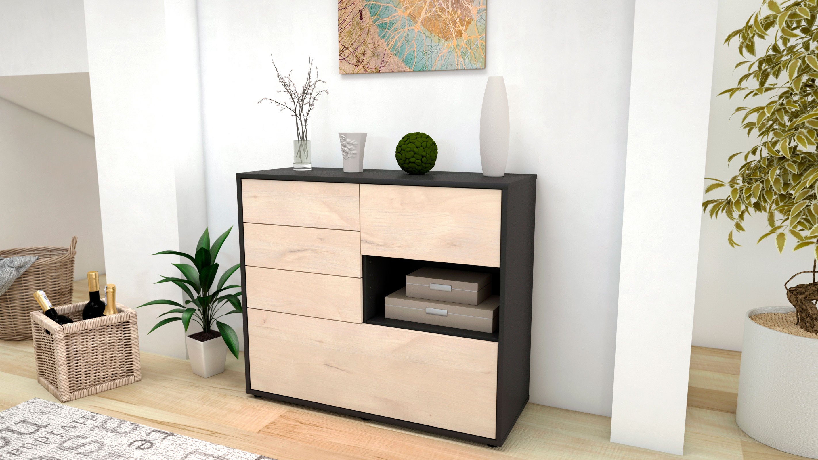 Sideboard - Coco - Design Holzdekor - Freistehend mit Push to open  92 cm Anthrazit