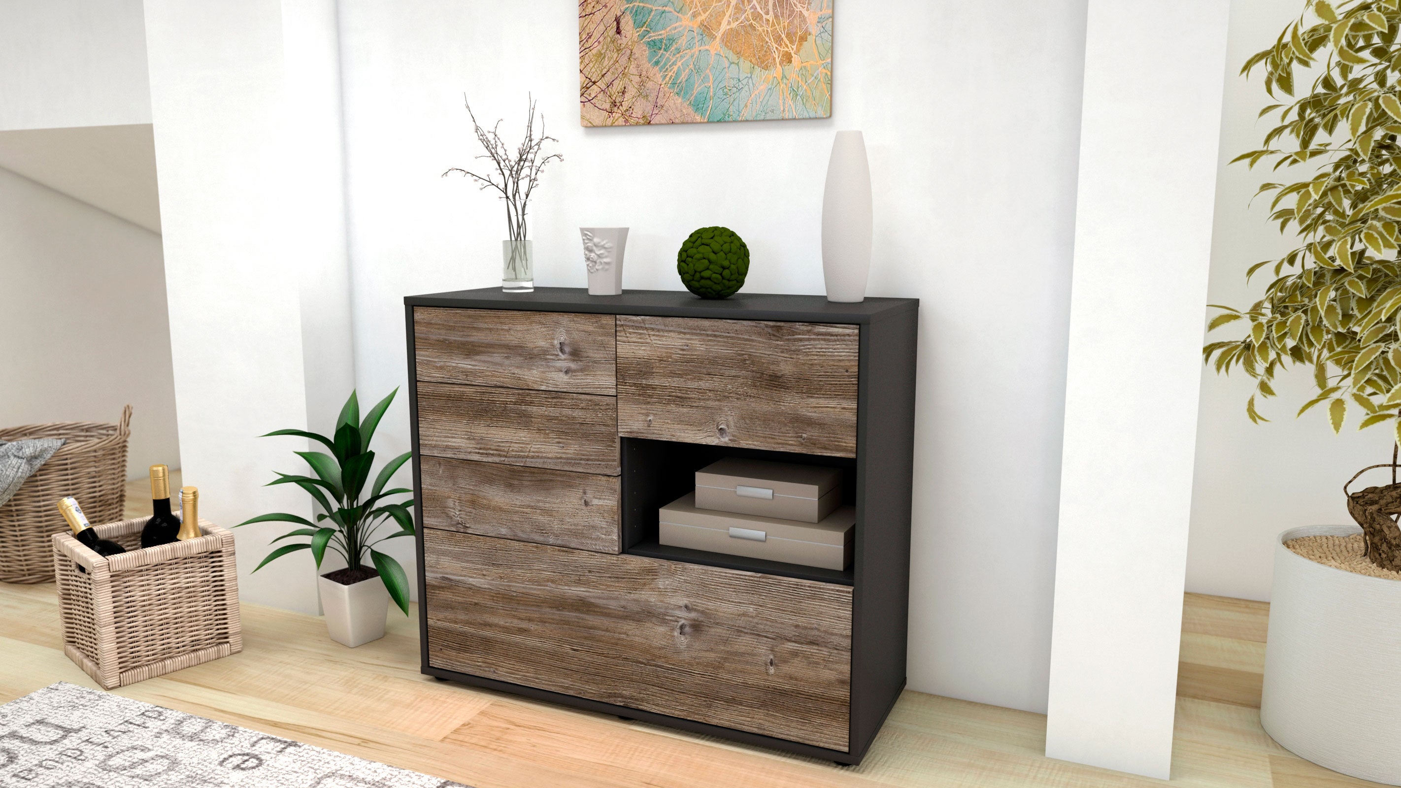 Sideboard - Coco - Design Holzdekor - Freistehend mit Push to open  92 cm Anthrazit