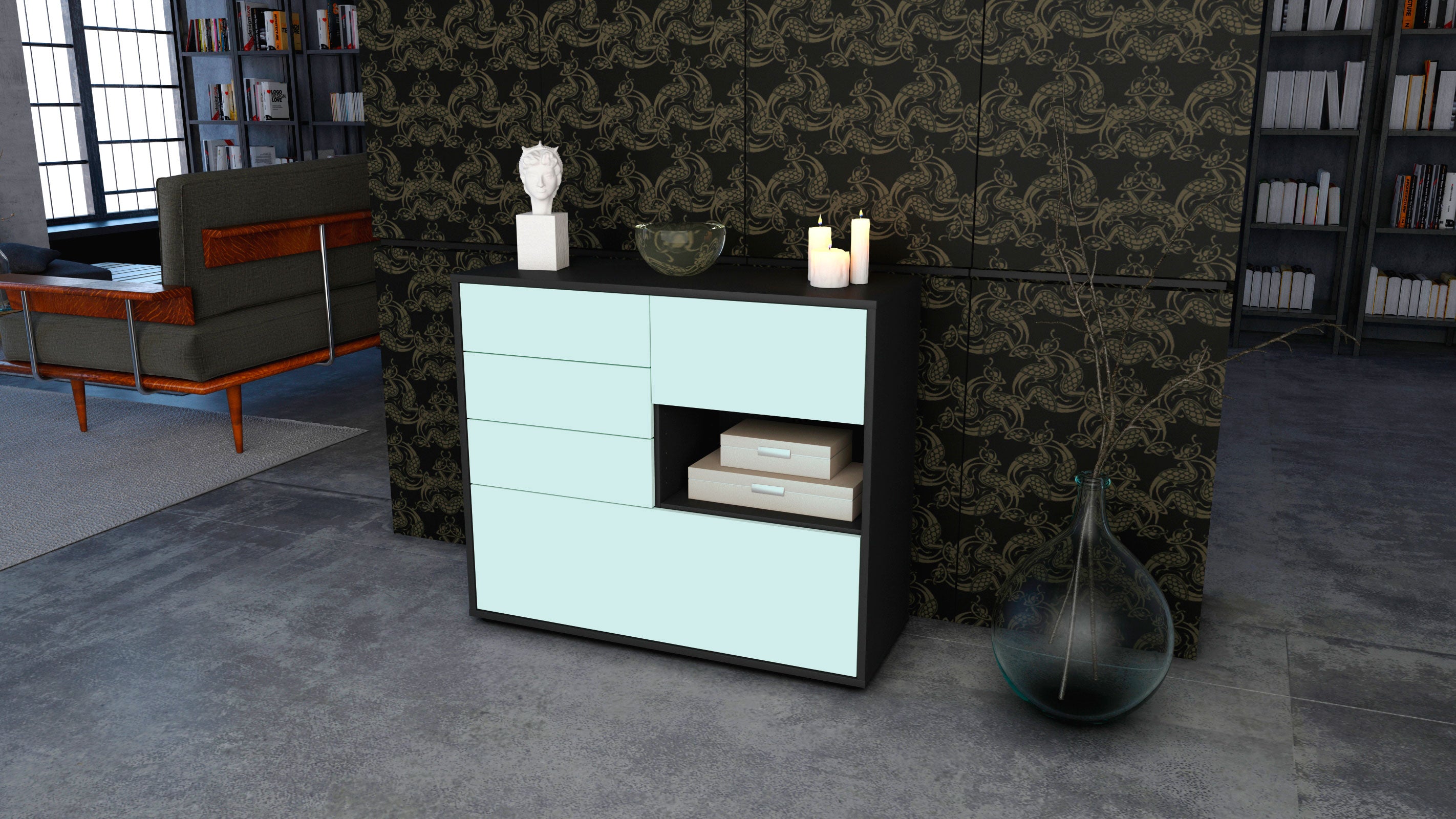 Sideboard - Coco - Design Farbakzent - Freistehend mit Push to open  92 cm Anthrazit