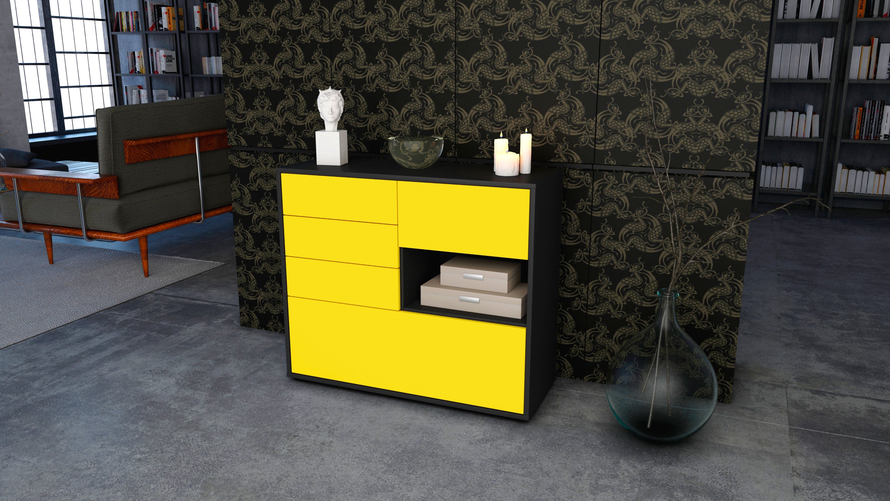 Sideboard - Coco - Design Farbakzent - Freistehend mit Push to open  92 cm Anthrazit