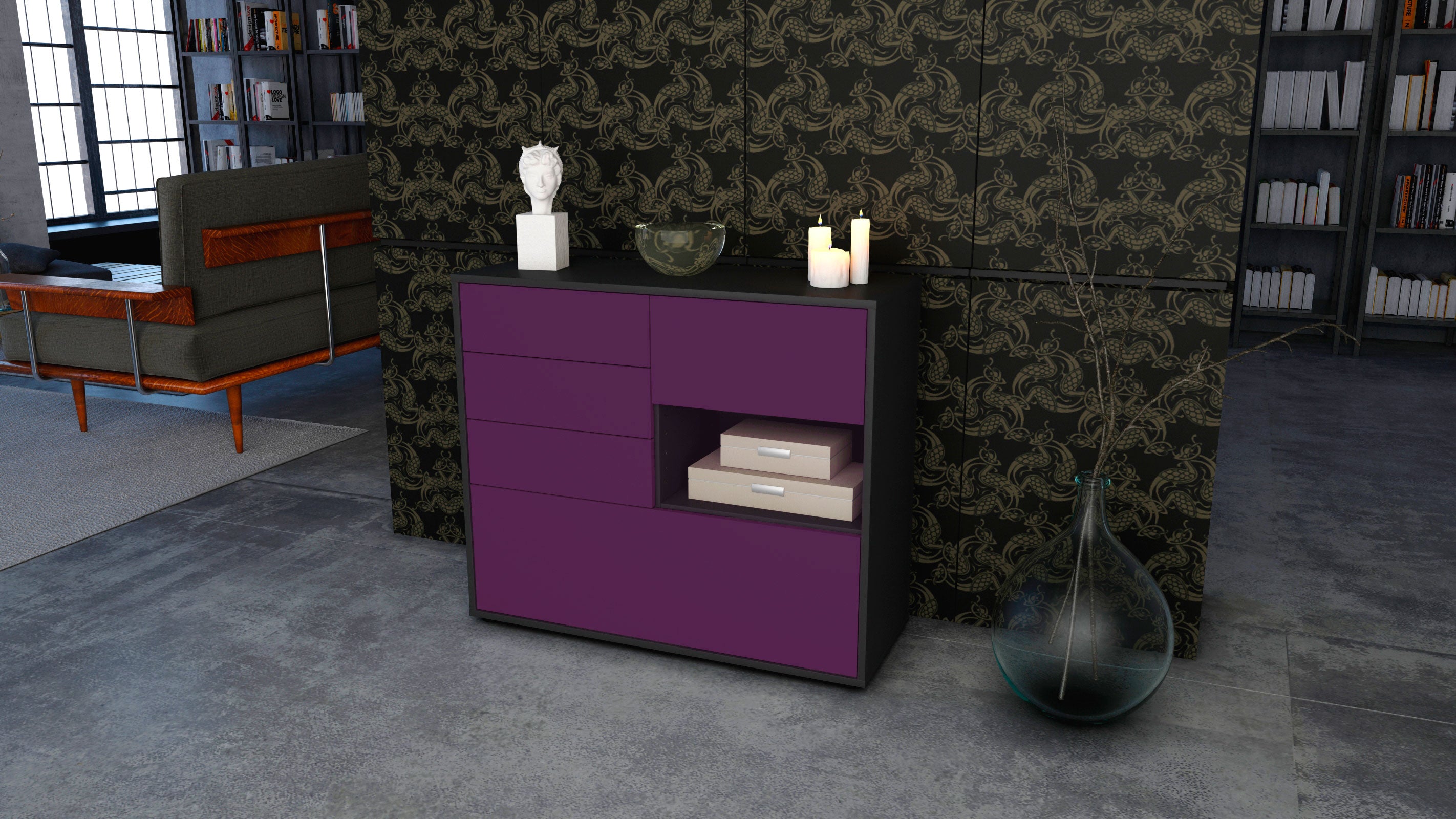 Sideboard - Coco - Design Farbakzent - Freistehend mit Push to open  92 cm Anthrazit