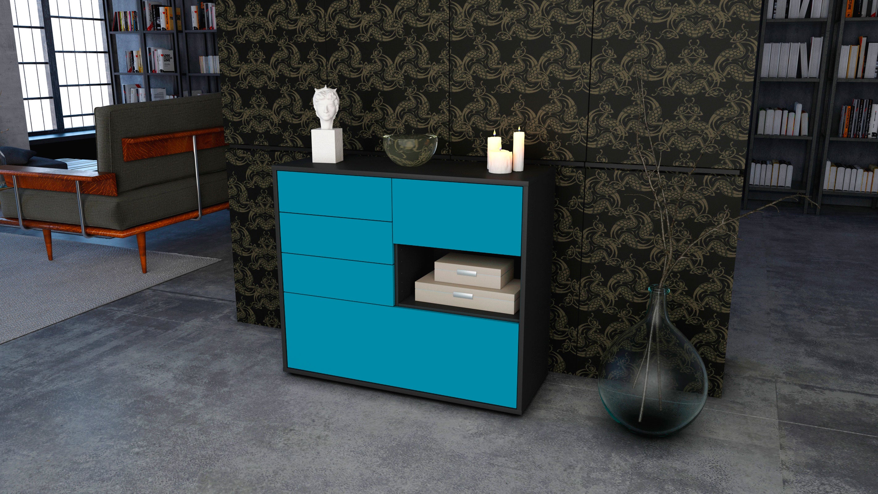 Sideboard - Coco - Design Farbakzent - Freistehend mit Push to open  92 cm Anthrazit