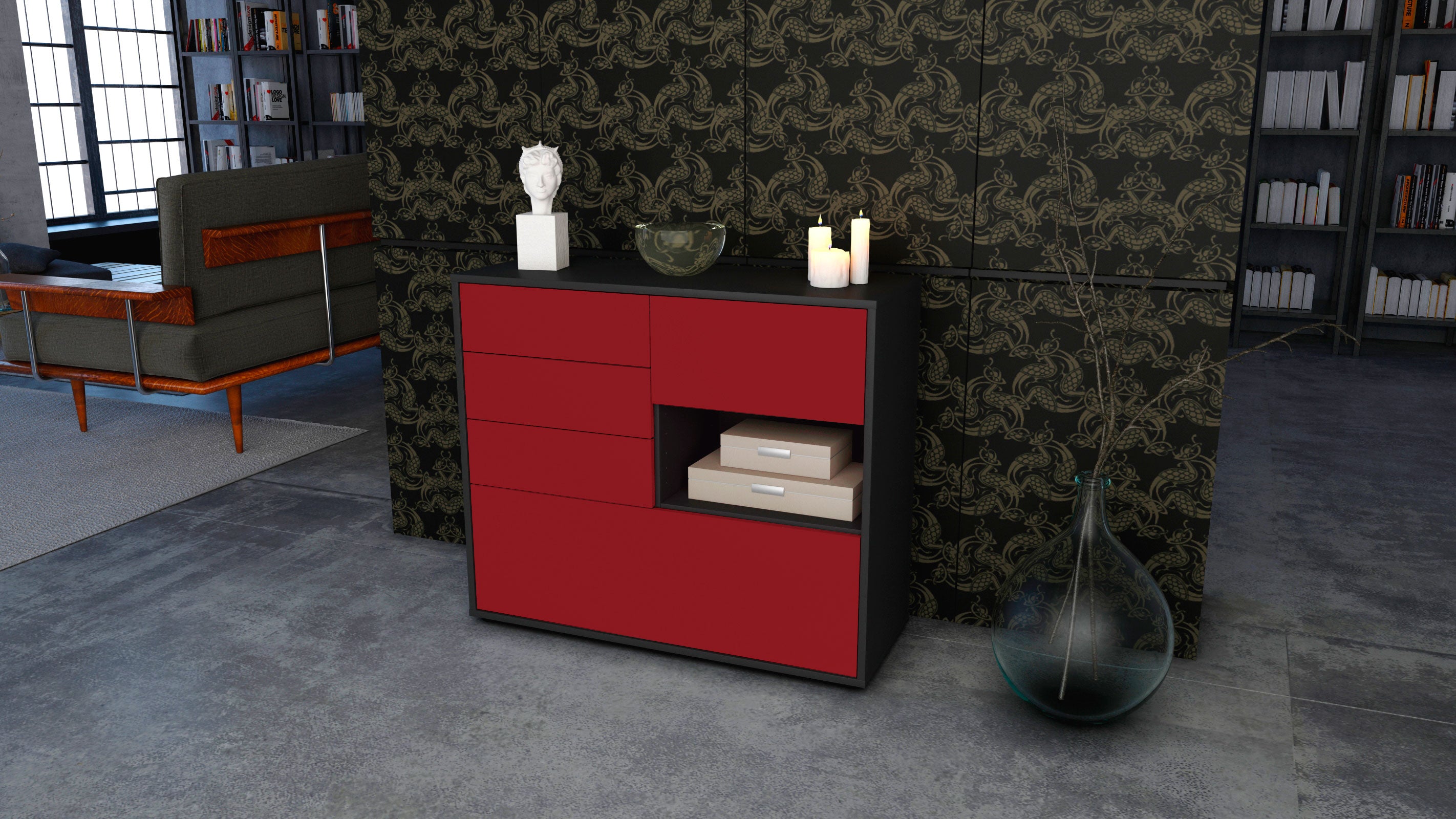 Sideboard - Coco - Design Farbakzent - Freistehend mit Push to open  92 cm Anthrazit