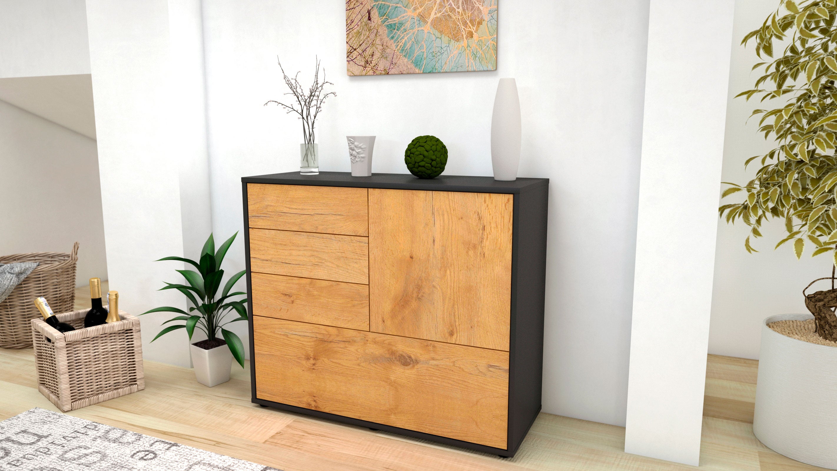 Sideboard - Corina - Design Holzdekor - Freistehend mit Push to open  92 cm Anthrazit