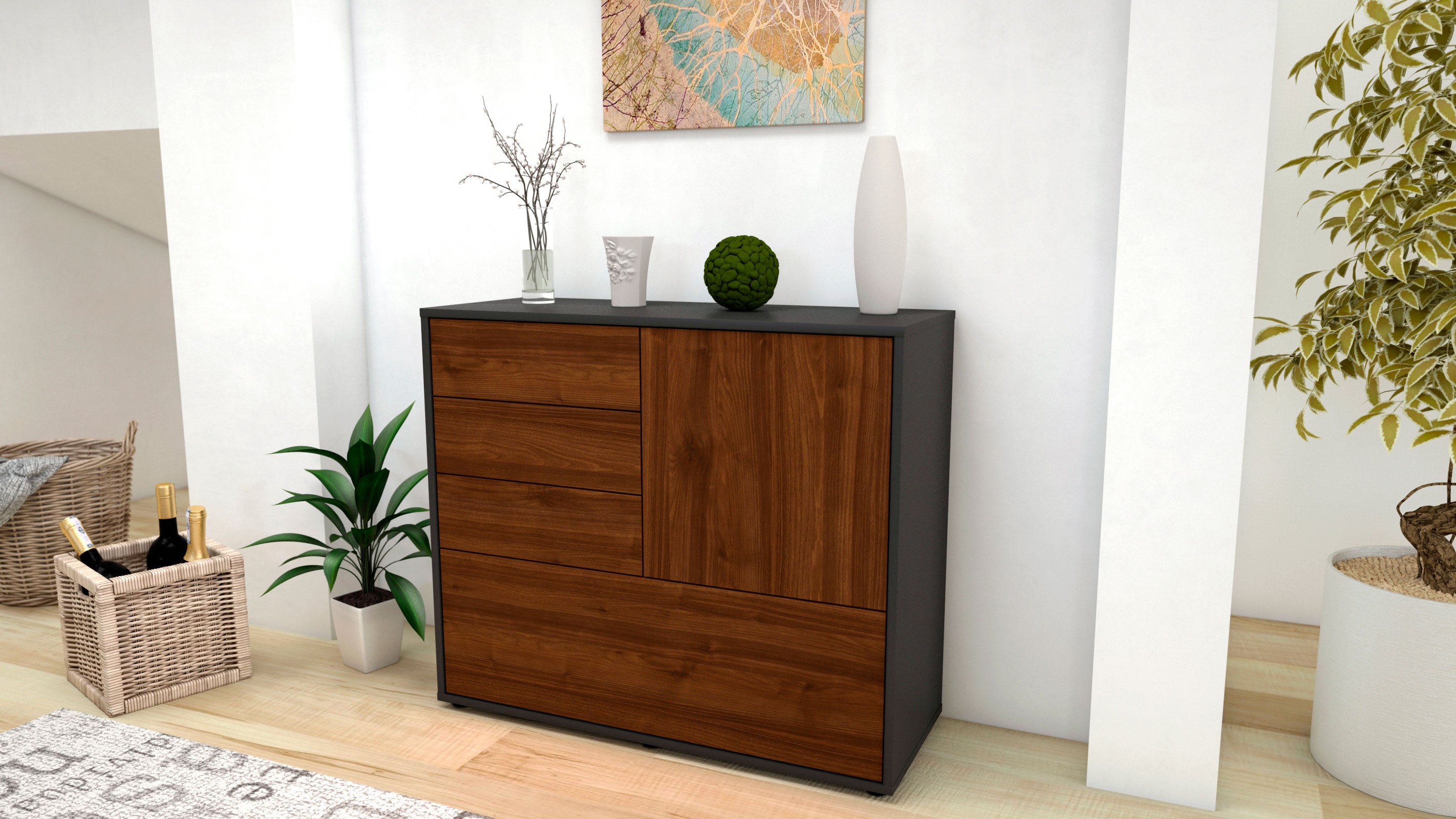 Sideboard - Corina - Design Holzdekor - Freistehend mit Push to open  92 cm Anthrazit