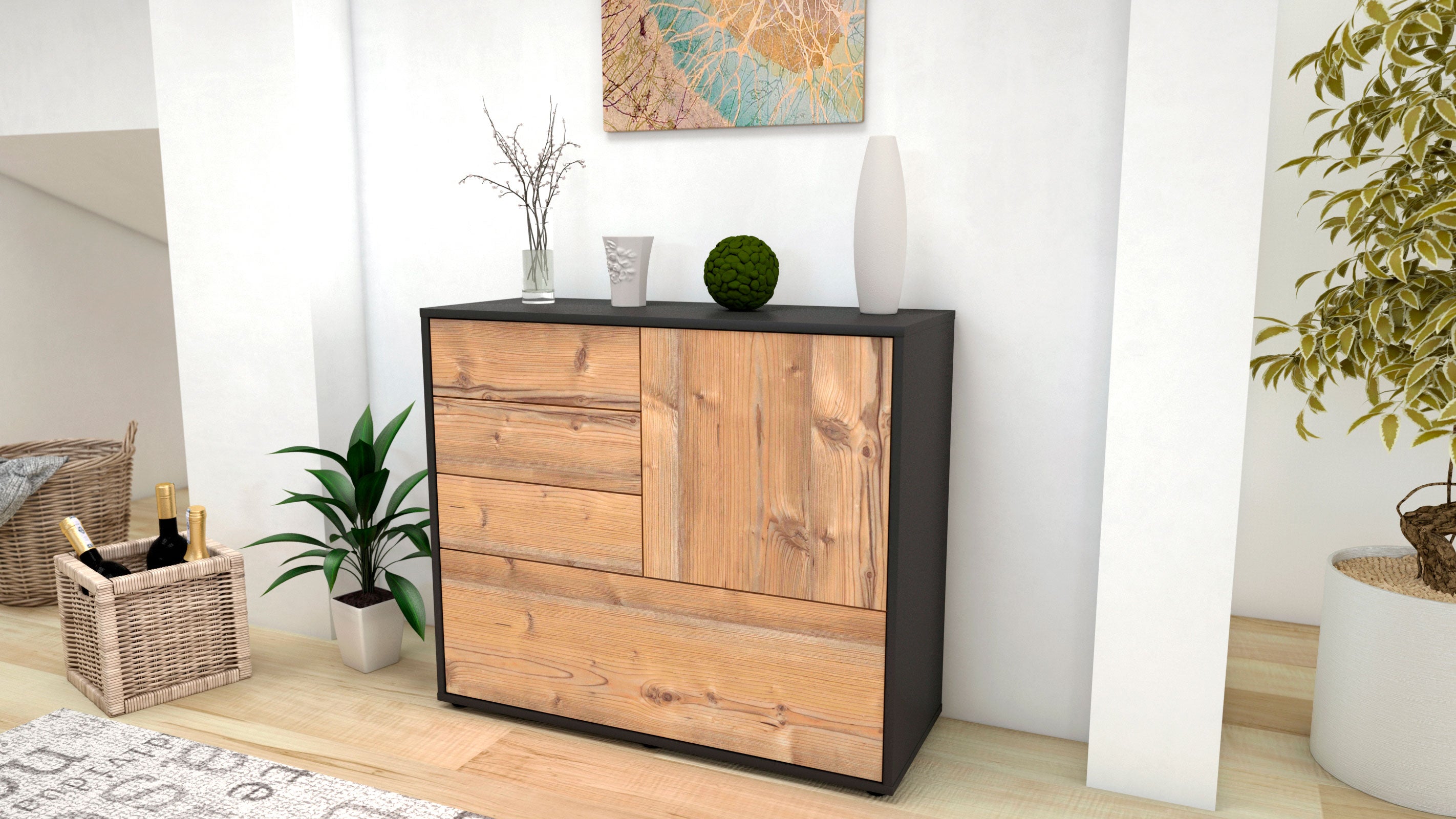 Sideboard - Corina - Design Holzdekor - Freistehend mit Push to open  92 cm Anthrazit