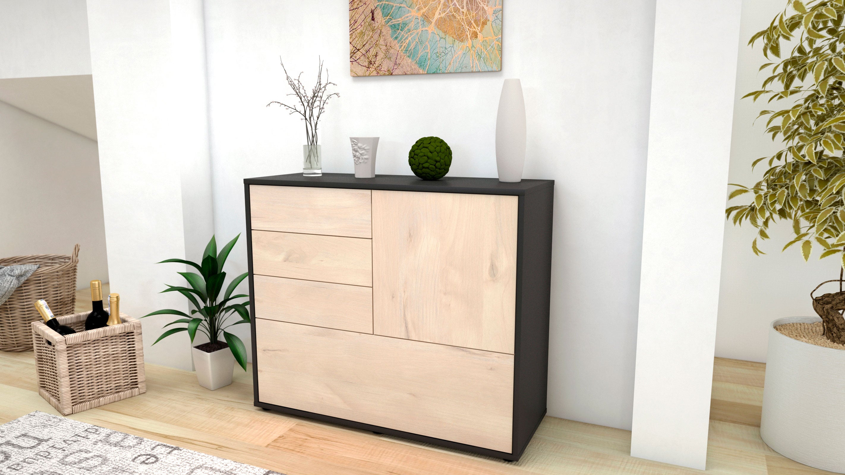 Sideboard - Corina - Design Holzdekor - Freistehend mit Push to open  92 cm Anthrazit