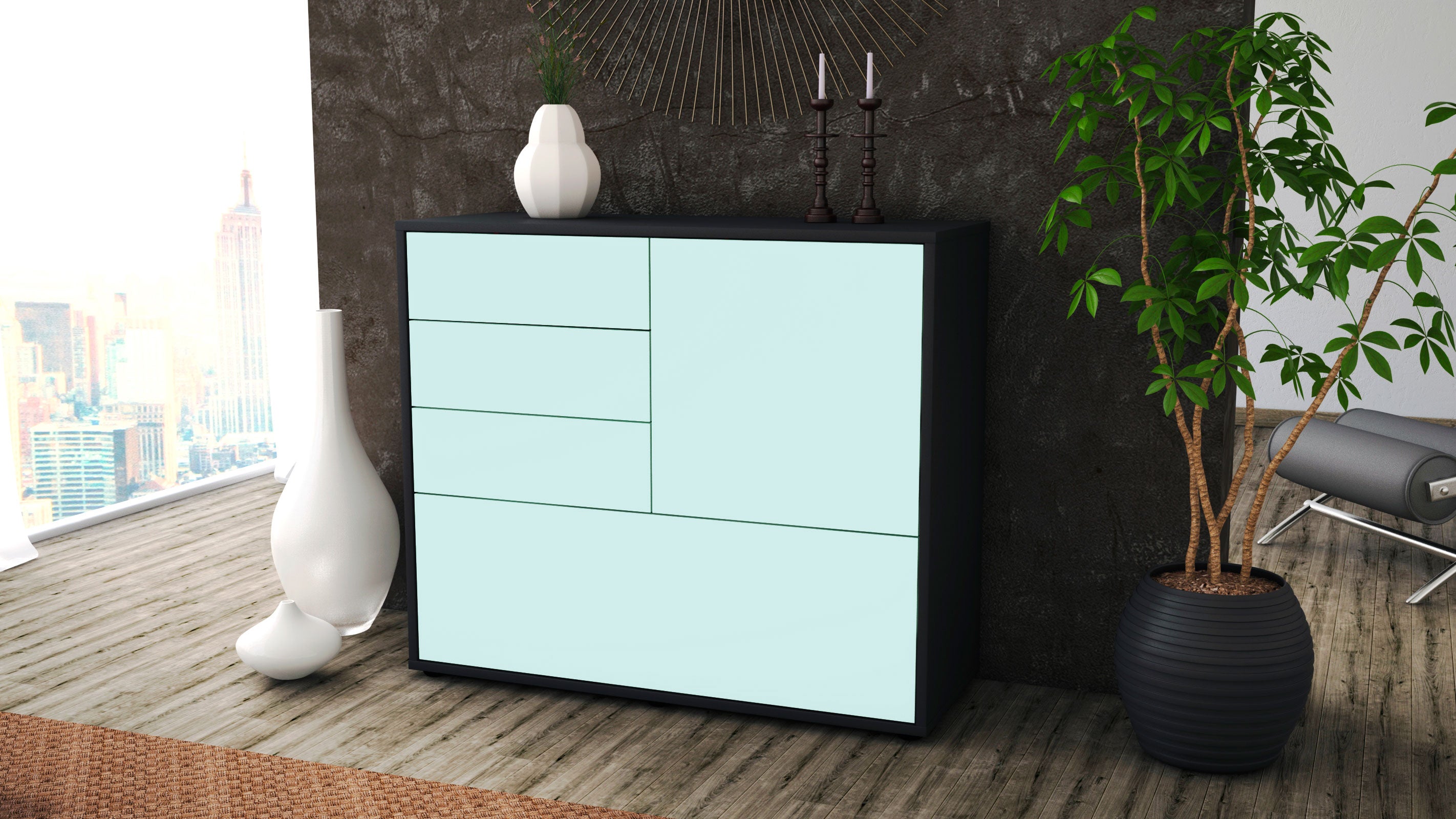 Sideboard - Corina - Design Farbakzent - Freistehend mit Push to open  92 cm Anthrazit