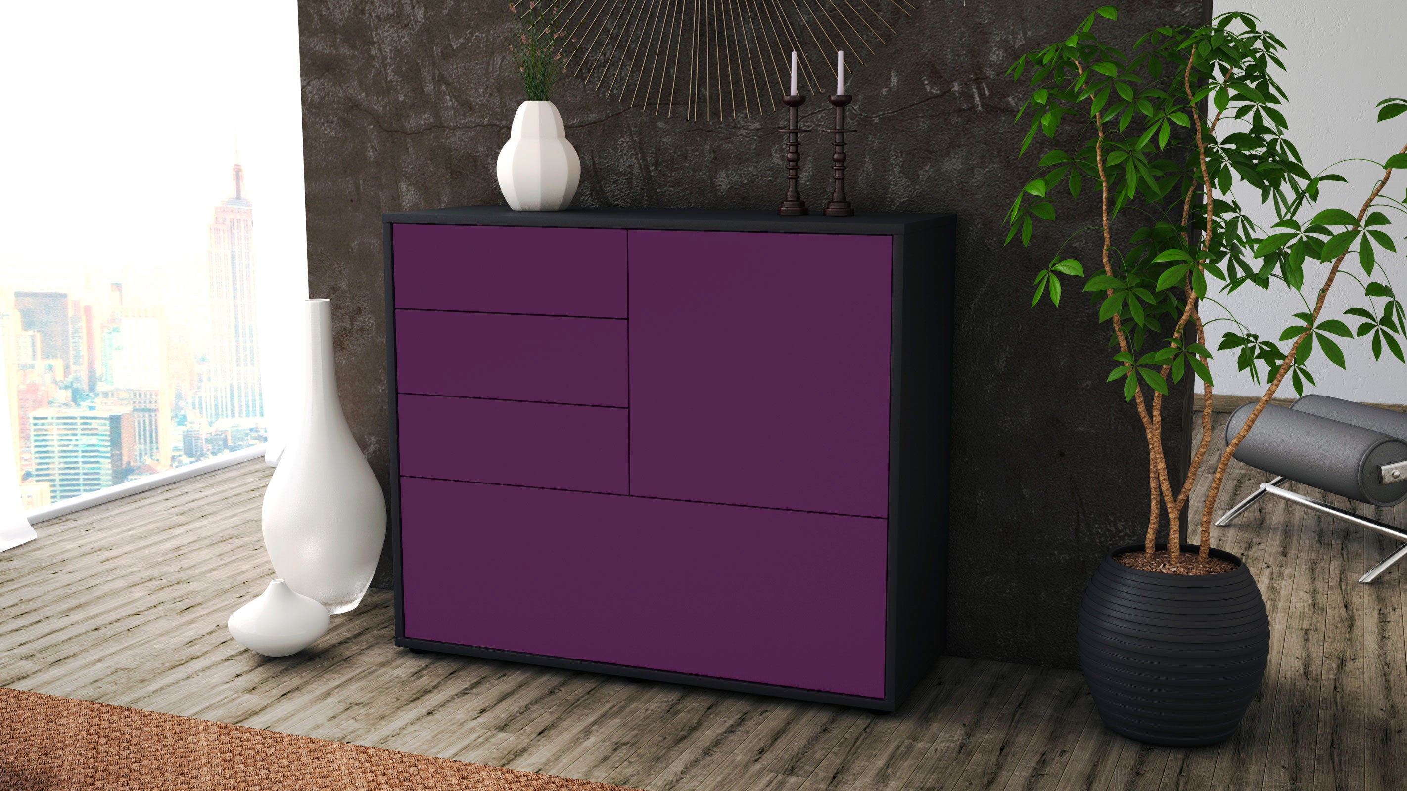 Sideboard - Corina - Design Farbakzent - Freistehend mit Push to open  92 cm Anthrazit