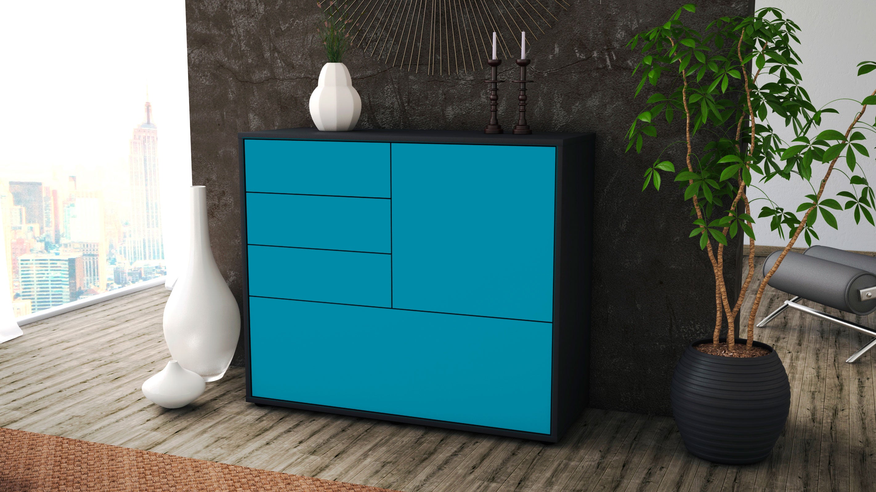 Sideboard - Corina - Design Farbakzent - Freistehend mit Push to open  92 cm Anthrazit
