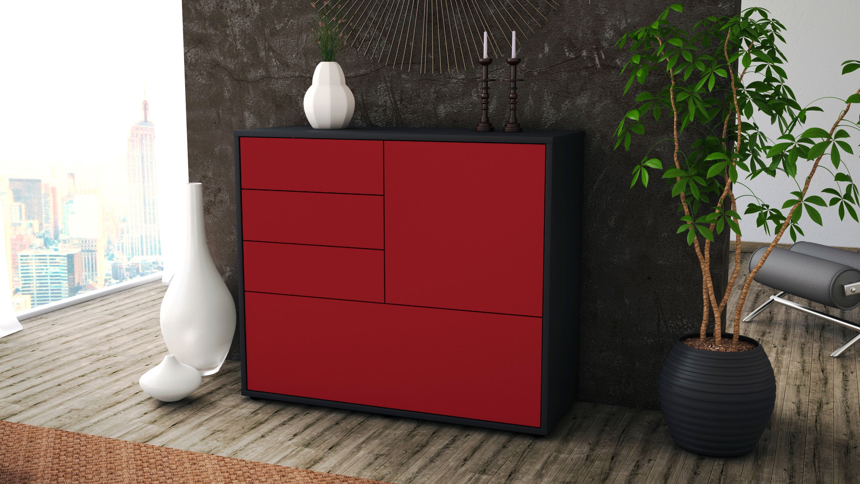 Sideboard - Corina - Design Farbakzent - Freistehend mit Push to open  92 cm Anthrazit