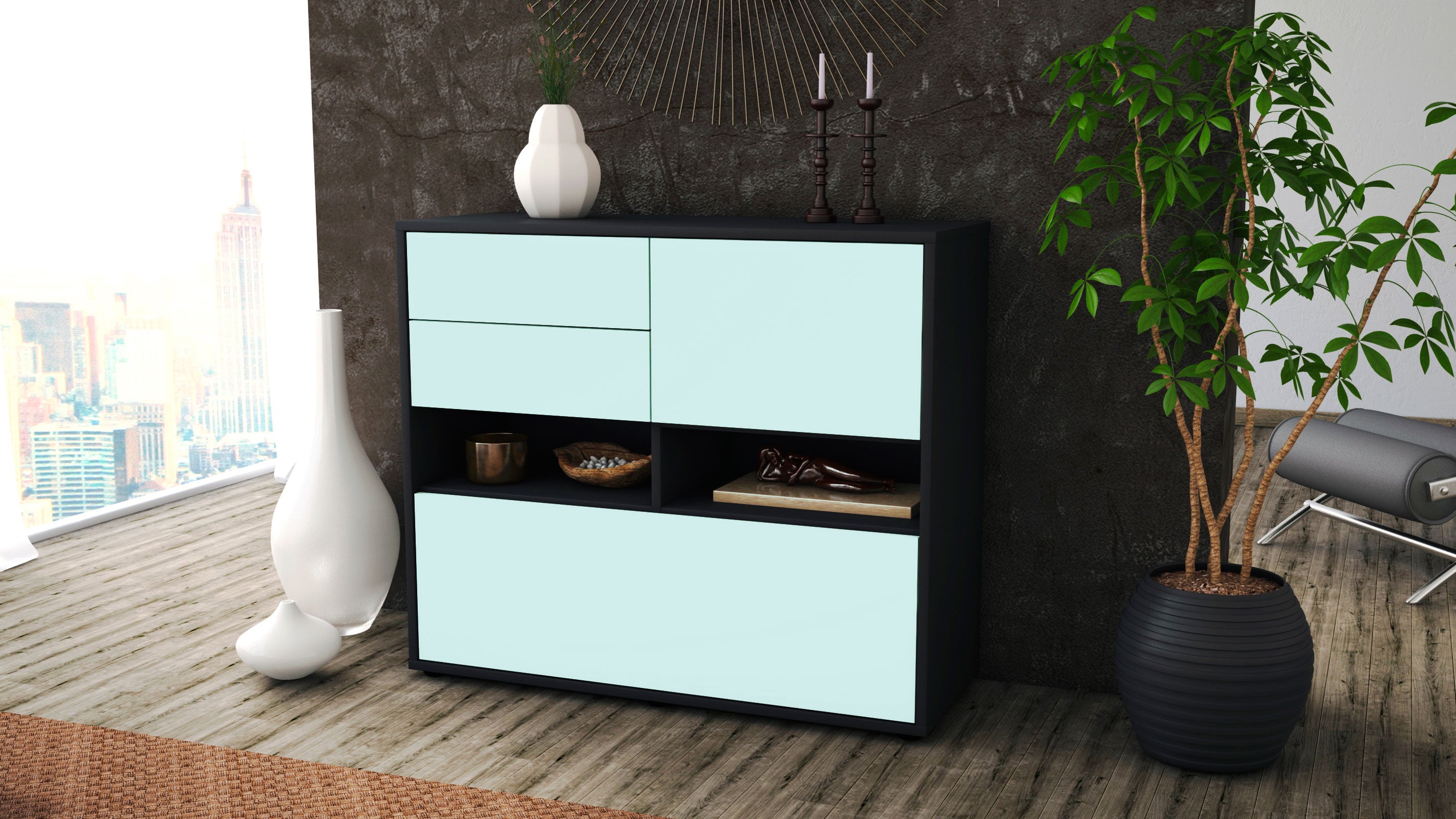 Sideboard - Cornelia - Design Farbakzent - Freistehend mit Push to open  92 cm Anthrazit