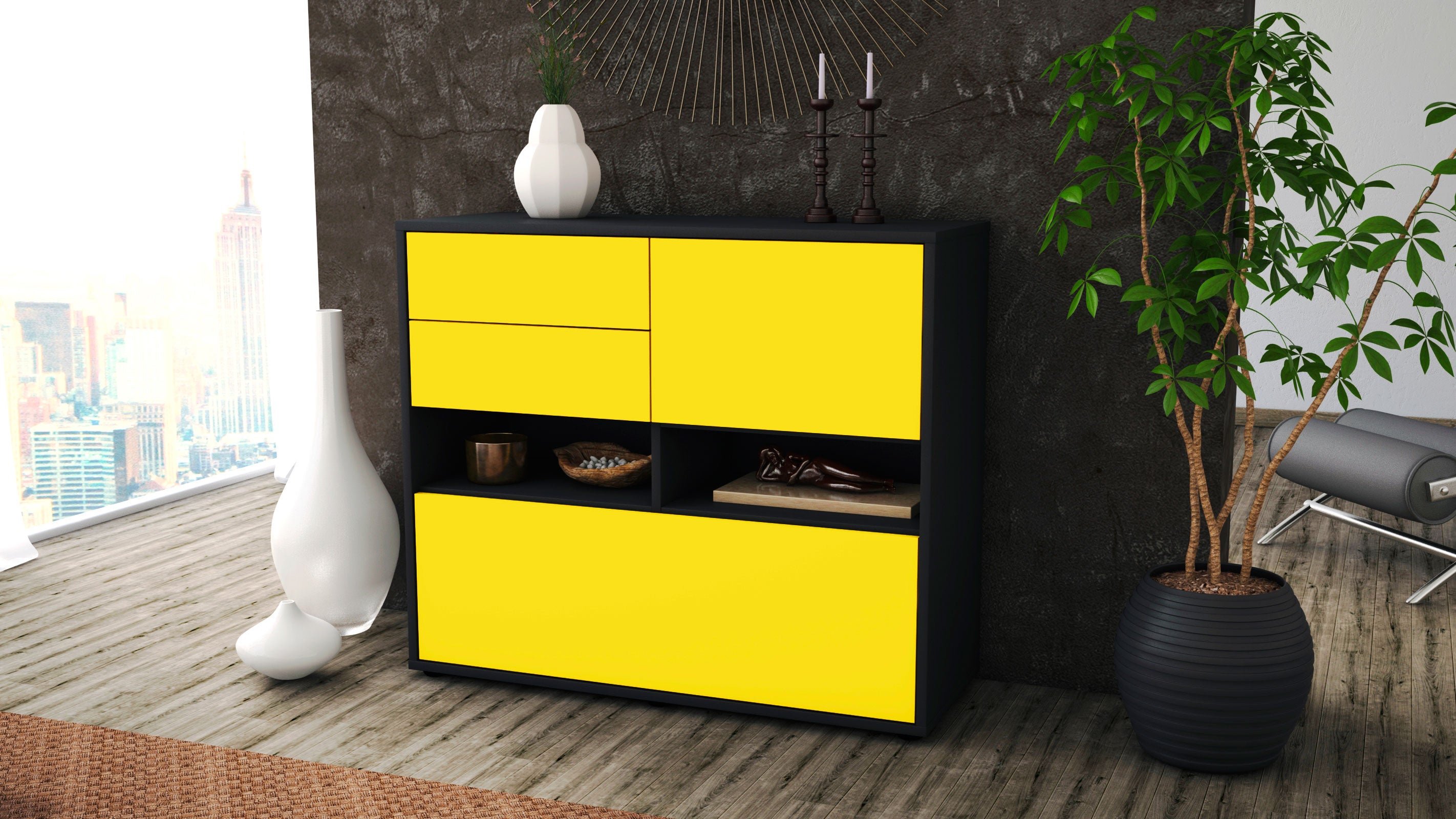 Sideboard - Cornelia - Design Farbakzent - Freistehend mit Push to open  92 cm Anthrazit