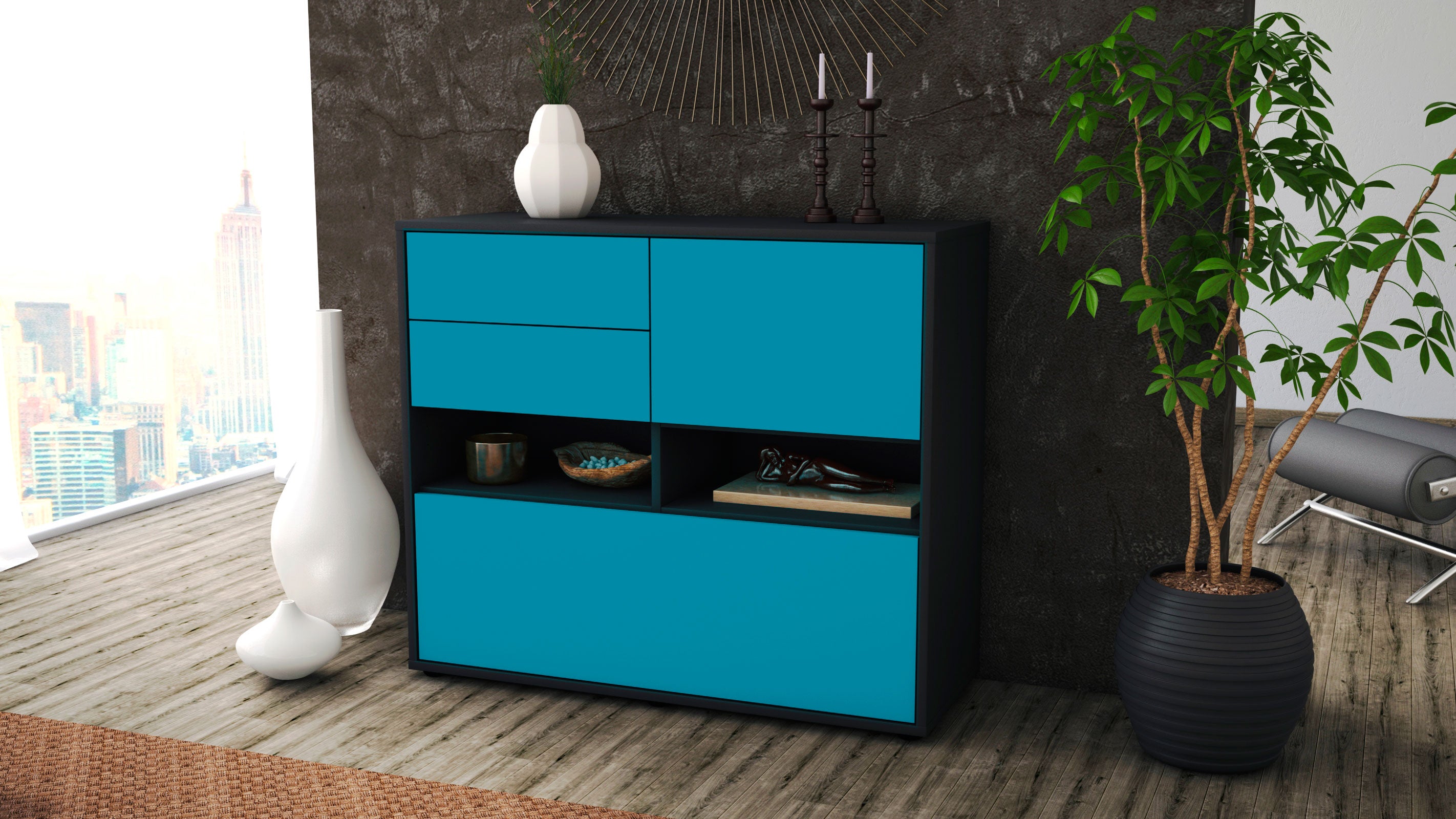 Sideboard - Cornelia - Design Farbakzent - Freistehend mit Push to open  92 cm Anthrazit